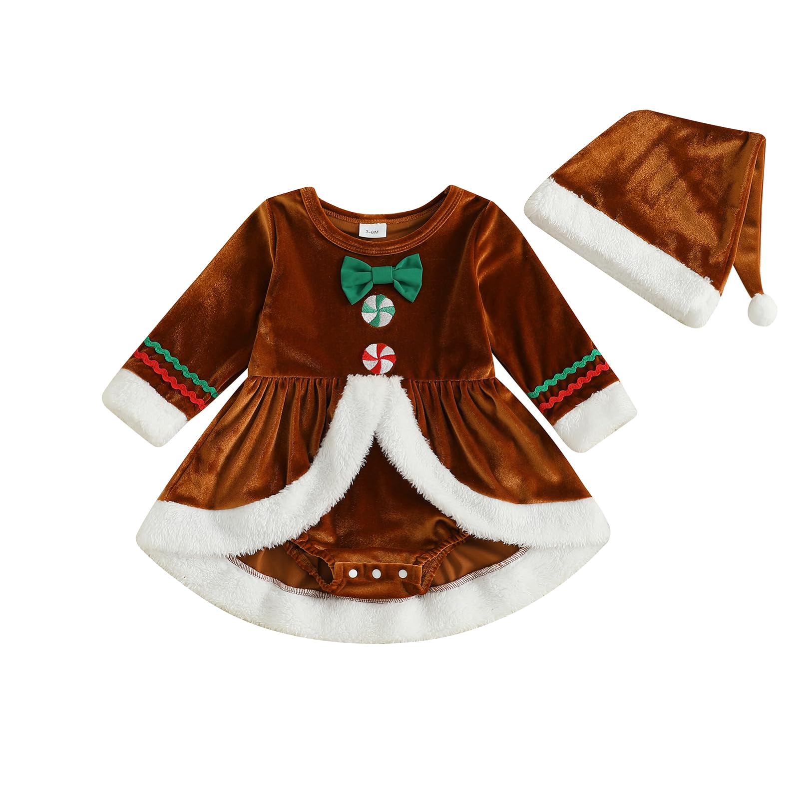 Himllauen Infant Baby Girls Christmas Santa Romper Dress Toddler Plush Patchwork Long Sleeve Jumpsuits and Cute Santa Hat Set for Newborn Girl Outfits (Brown, 12-18 Months)