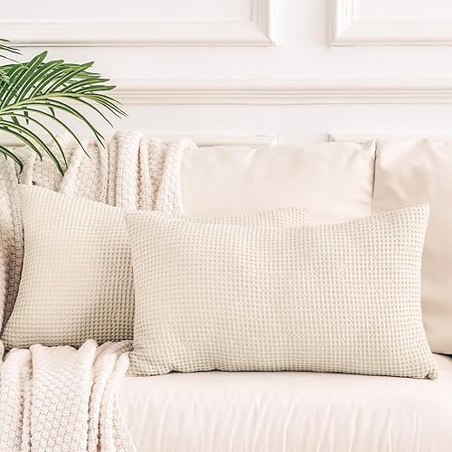NEXHOME PRO Juego de 2 fundas de almohada lumbar de 12 x 20 pulgadas, 100 % algodón tejido de gofre, fundas de almohada decorativas para el hogar,
