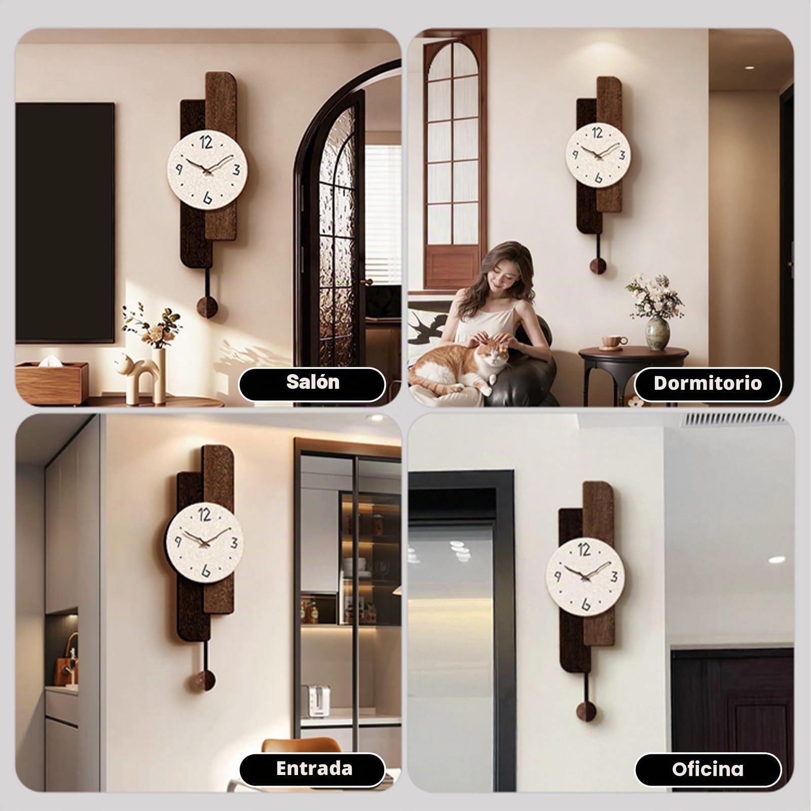 Reloj De Pared Diseño Minimalista Moderno Movimiento Cuarzo Silencioso Sin Tic-TAC, Estilo con Péndulo, Acabado En Arenisca Y Manecillas De Madera, para Hogar, Salón, Dormitorio Y Oficina