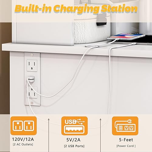 Miniatura 4 de Boonatu Tocador de maquillaje con luces, tocador con estación de carga y luces LED RGB, tocador con espejo y luces, tocador con cajones blanco con