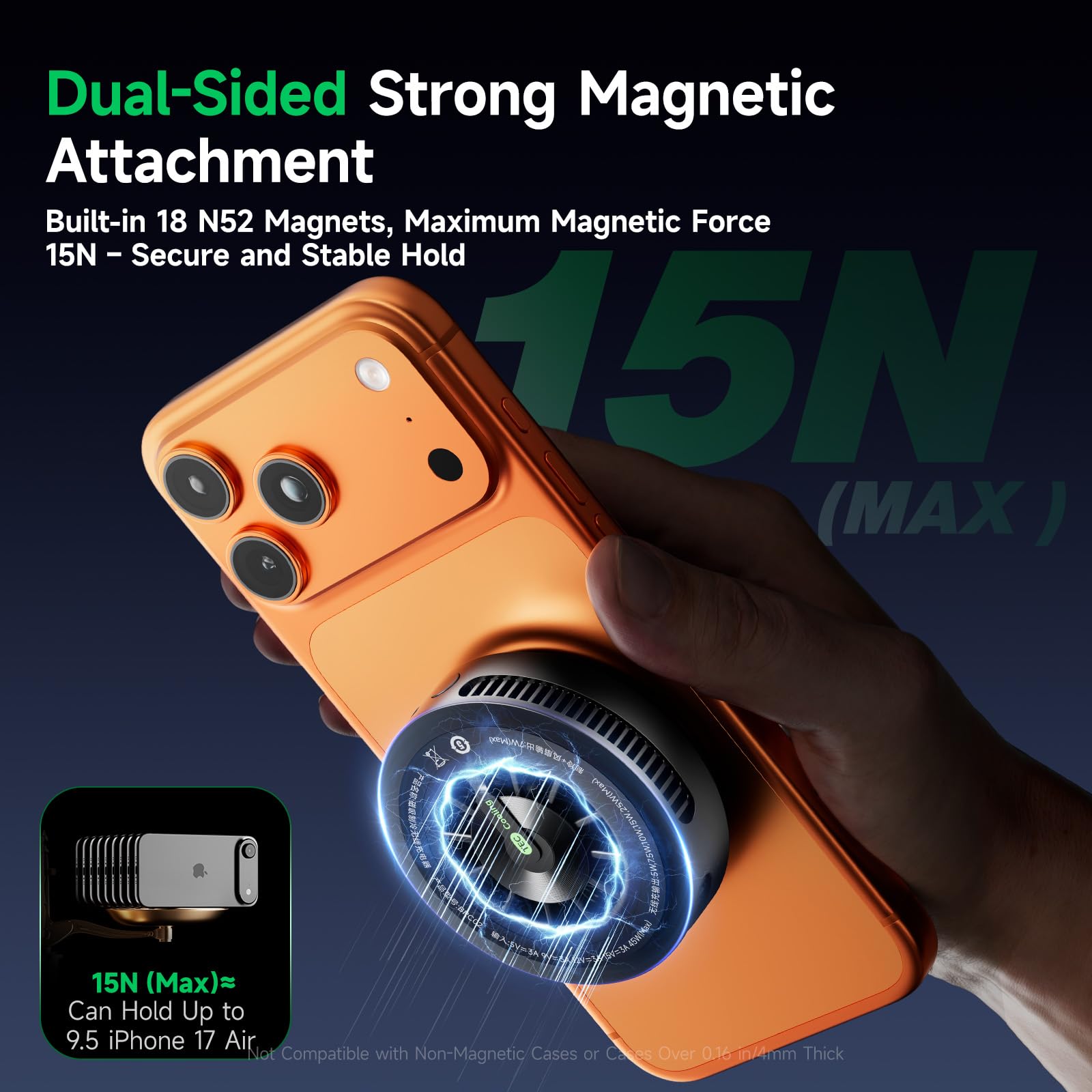 Black Shark Caricabatterie wireless con ventola di raffreddamento, 25 W pad magnetico a due lati compatibile con iPhone 17/16/15/14 Ricarica MagSafe, dispositivo di raffreddamento del telefono per