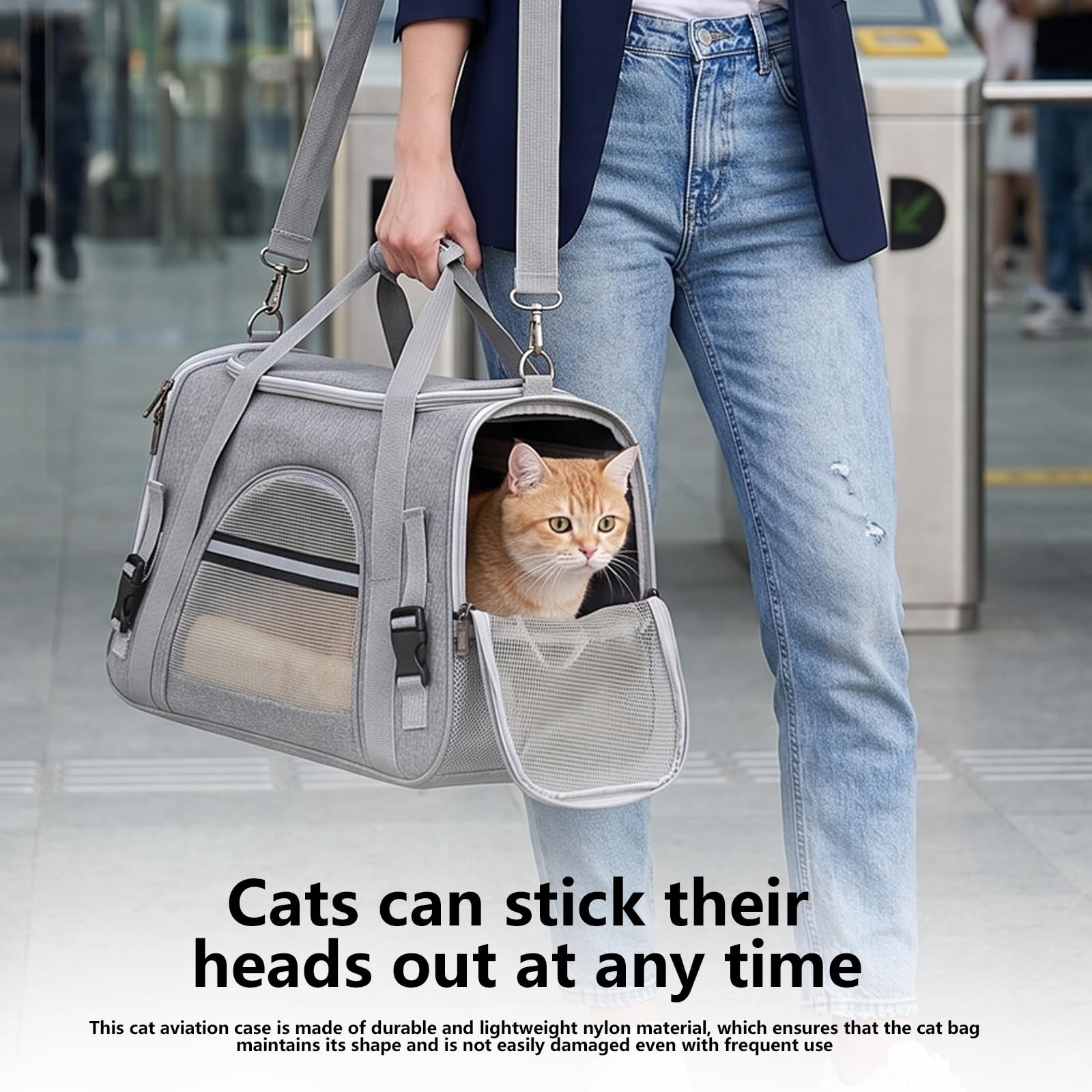 Transporttasche Katze, 44x25x30cm Transportbox für Katzen Faltbar, Transporttasche für Katze Hund, Tragbar Katzen Tragetasche mit Schultergurt Atmungsaktiv für Mittel Kleine Haustiere(Grau)