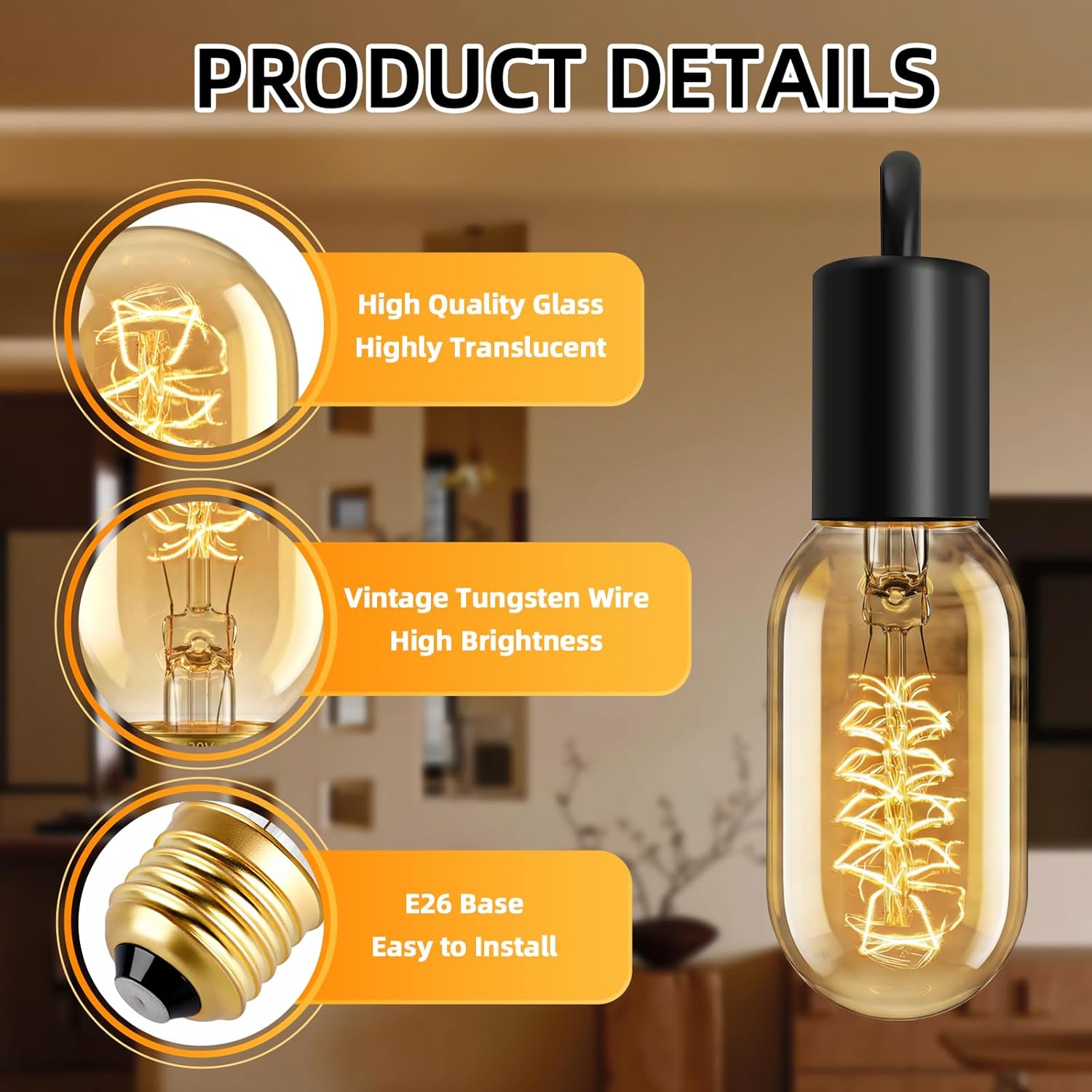 T45 Edison Bulbs 40 Watt Vintage Edison Light Bulbs Dimmable E26 Base Antique Filament Light Bulbs Amber Glass 2200K Warm White 110-130 Volts for Home Light Decorative Pack of 2