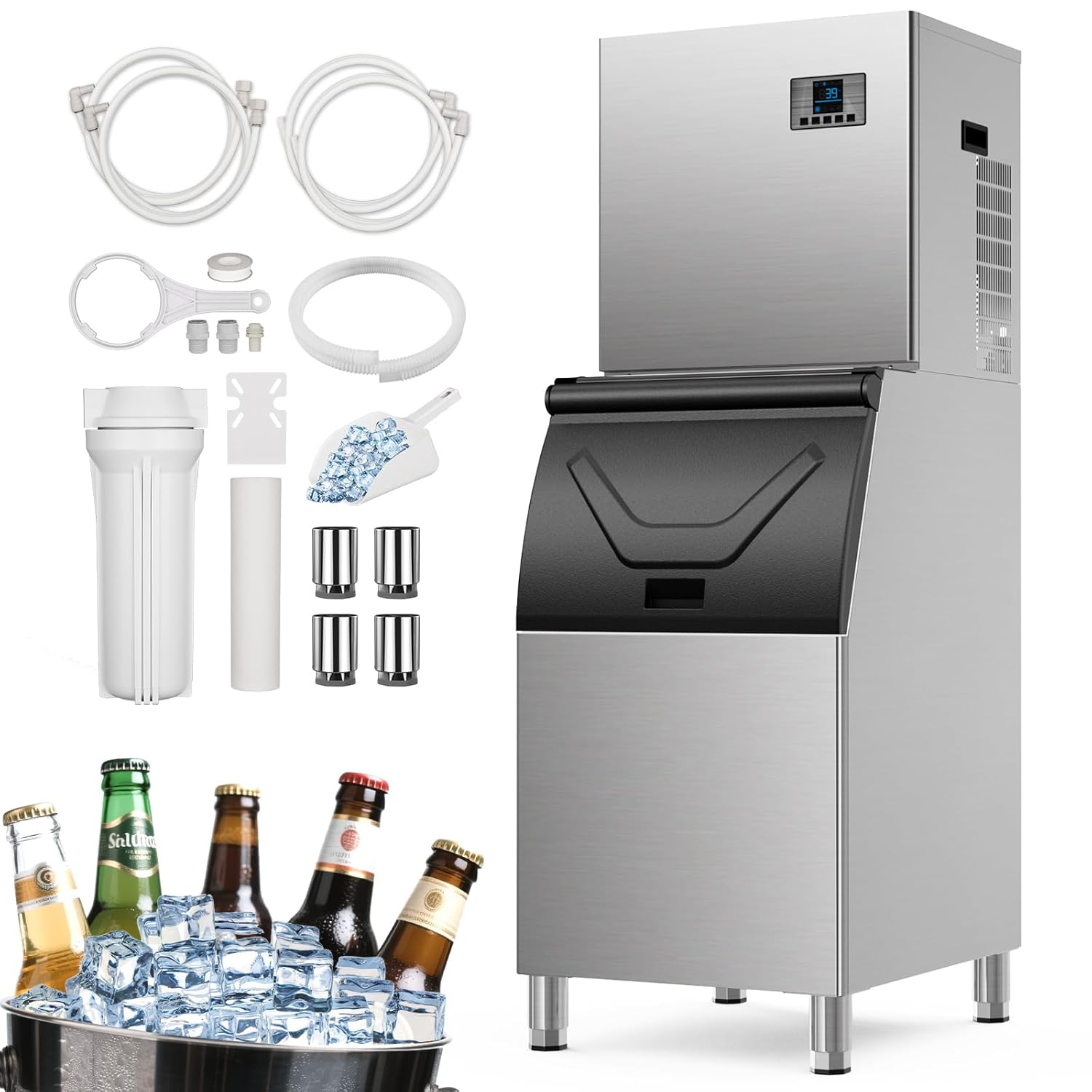 Commercial Ice Maker, 680Lbs/24H Industrial Ice Machine 580Lbs Large Storage Bin, 210 Ice Cubes in 5-15 Minutes, Auto-Cleaning Stainless Ice Maker, Ice Ready in 8-15mins, Cafe/Bar/Business