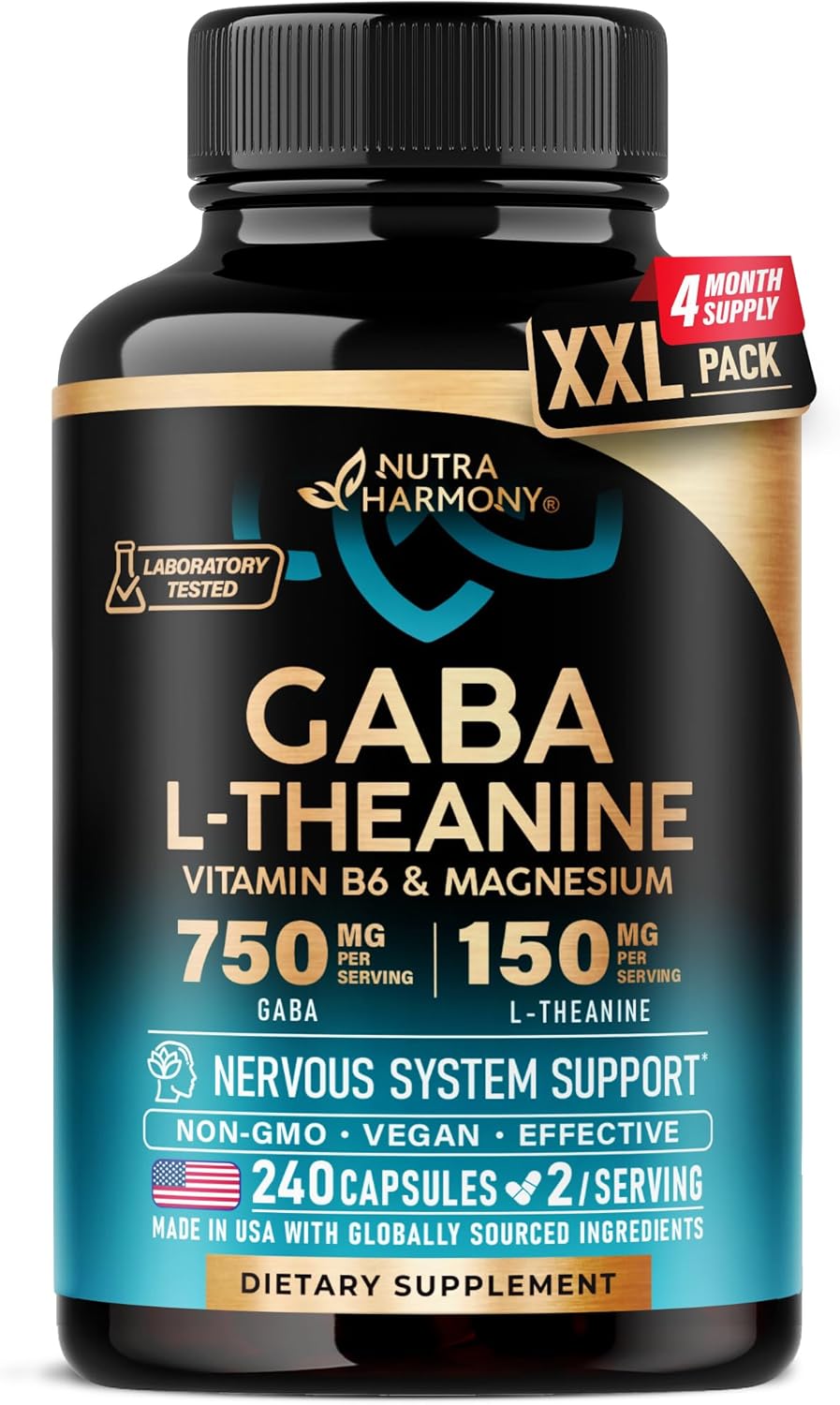 GABA L-Theanine 900 mg - Made in USA - Magnesium | Vitamin B6 - Calm, Sleep, Relaxation & Mood Support - 750 mg Gamma AminoButyric Acid, 150 mg L-Theanine - Non-Habit Forming, Vegan - 240 Capsules