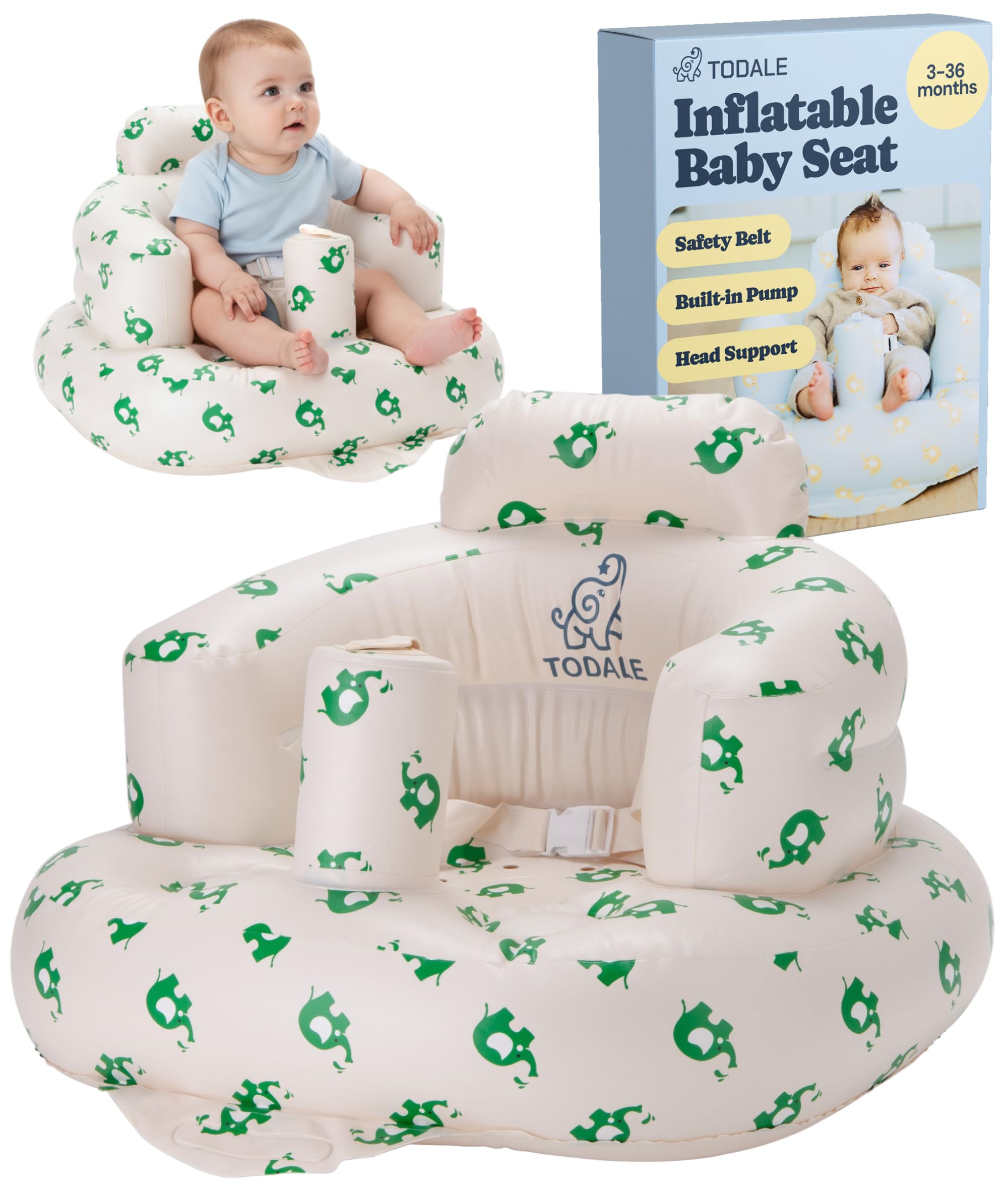 todale inflatable baby seat 3 months and up - inflatable baby chair - babies seats for infants for sitting up - floor toddler chair with built in pump, sit up chair - girl & boy gift, elephant white
