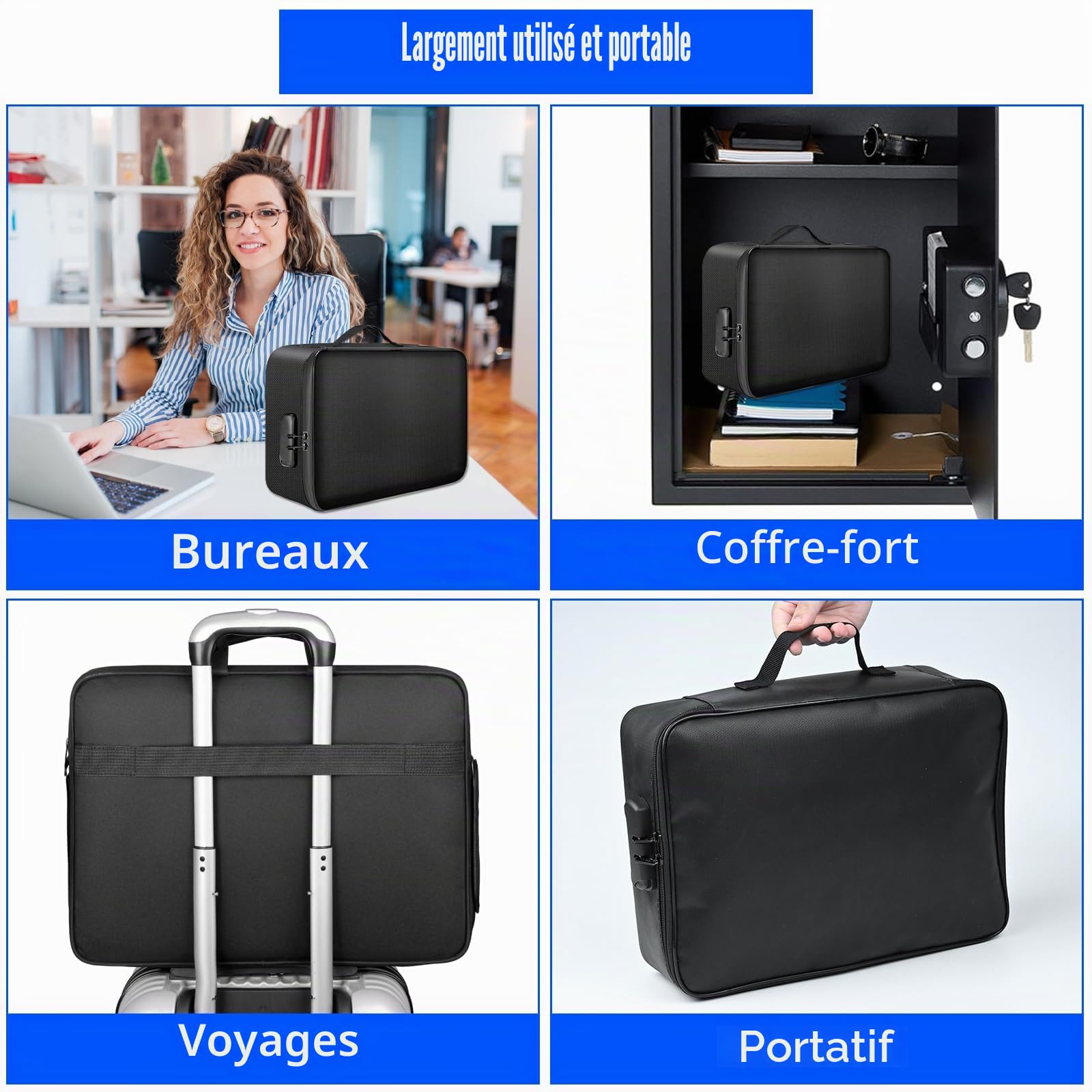 Sac à documents ignifuge / étanche (38 x 28 x 10 cm) 4 couches Grande capacité ignifuge avec serrure, boîte de rangement sécurisée pour passeport, certificats, documents juridiques, objets
