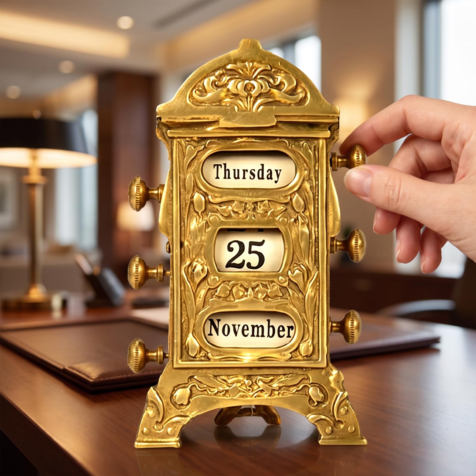 Mechanischer Tischkalender Im Vintage-Stil Aus Messing, Einstellbarer Tag, Datum Und Monat, Beidseitig Drehbare Knöpfe, Kreative Dekoration Aus Reinem Kupfer Für Büro Und Zuhause