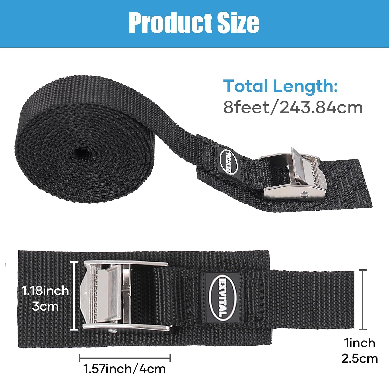 EXVITAL Lashing Straps with Cam Buckles Tie Down 8'x 1" Adjustable Cinch Straps for Motorcycle Cargo Kayak Luggage Black 4 Pack
