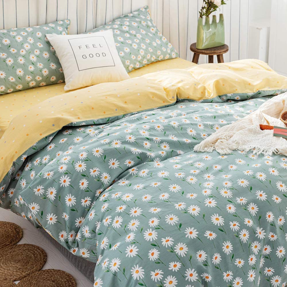 AMWAN Daisy Green Floral Duvet Cover Twin Cotton Girl Bedding Set, White Flower Print Comforter Cover With 2 Pillowcases - Image 4