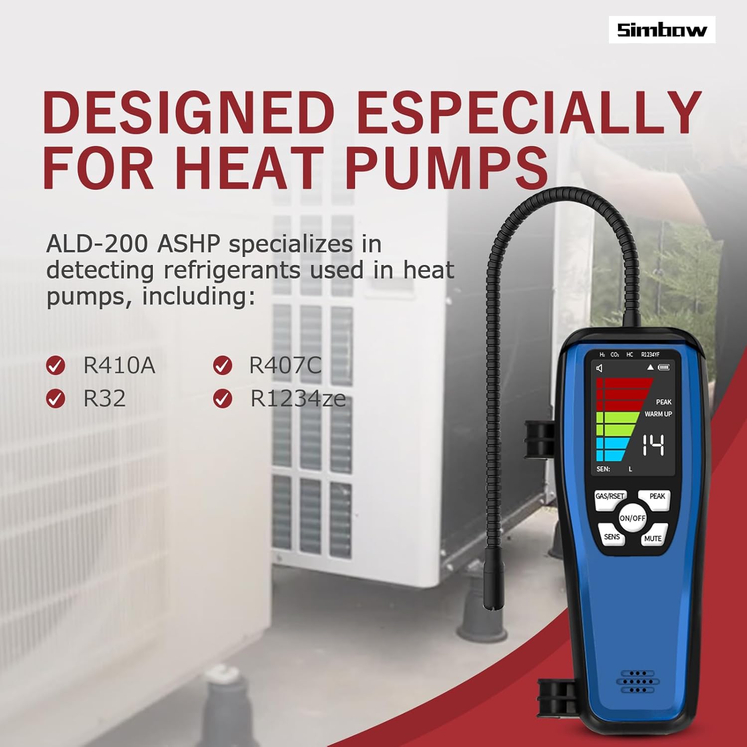 Refrigerant Leak Detector for Heated Pumps, Simbow ALD-200 Halogen Leak Detector, Freon Detector and Leakage Tester with Rechargeable Battery for HVAC, Car, Refrigerator R410A, R407C, R32, R1234ze