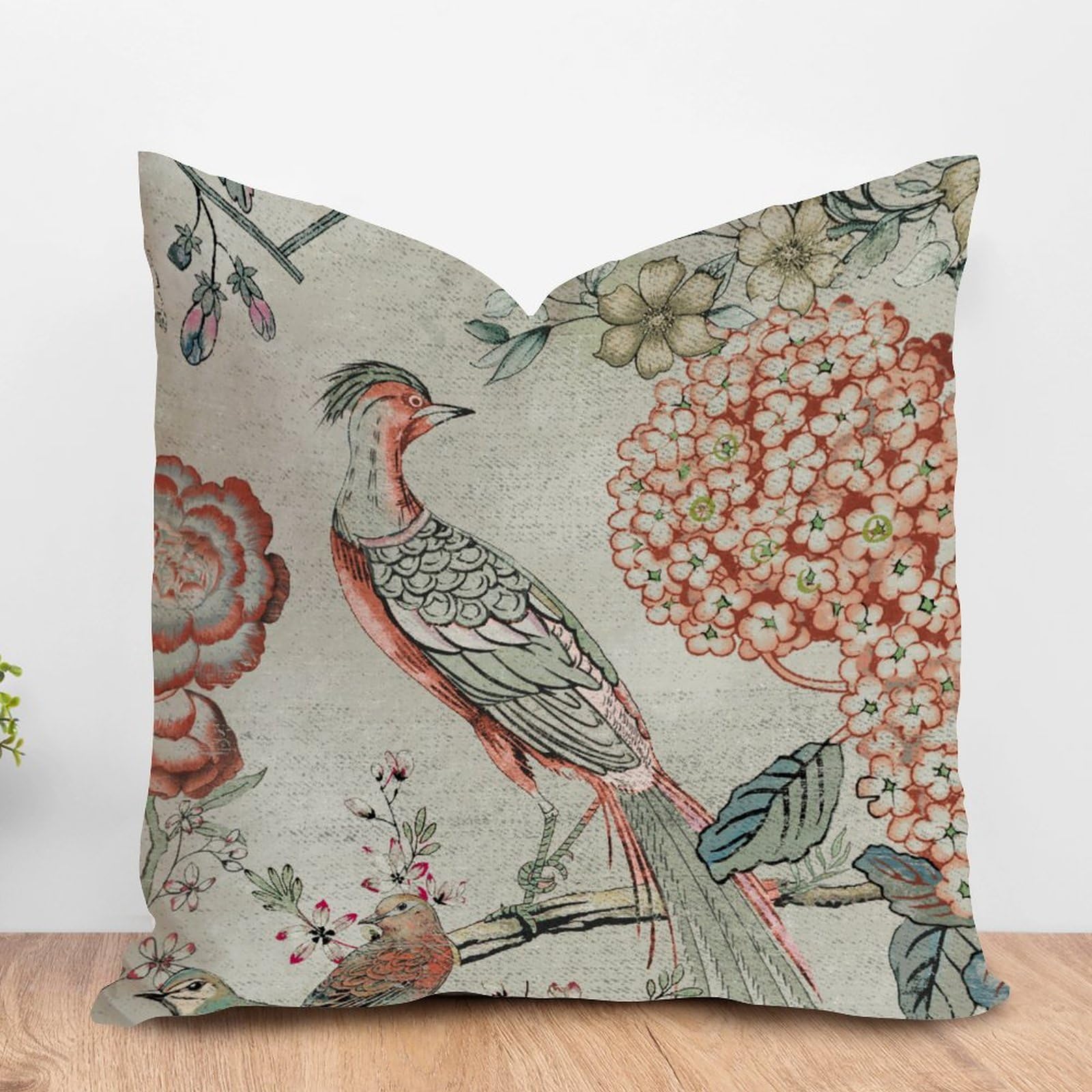 ArogGeld Coral Bird and Flower Cushion Cover French Pillow Cover Double Side Farmhouse Accent Pillow Home Decorative Toss Pillow for Living Room Sofa