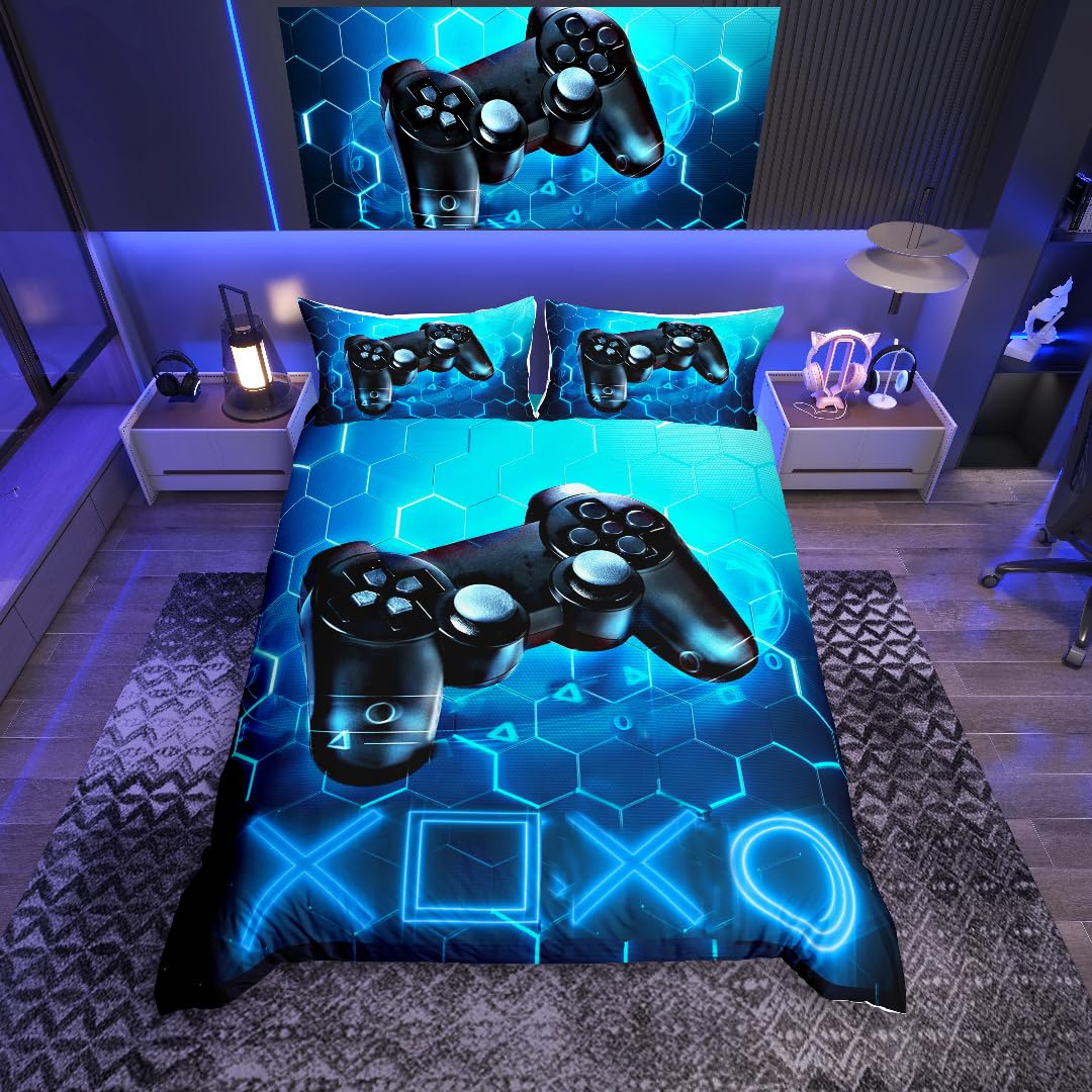 Loussiesd Gaming Bedding Duvet Cover Set Kids Gamer Blue Video Game Bedding Set Games Console Honeycomb Bedding & Linen for Boys Hexagon Geometric Bedding Set Double — image 1