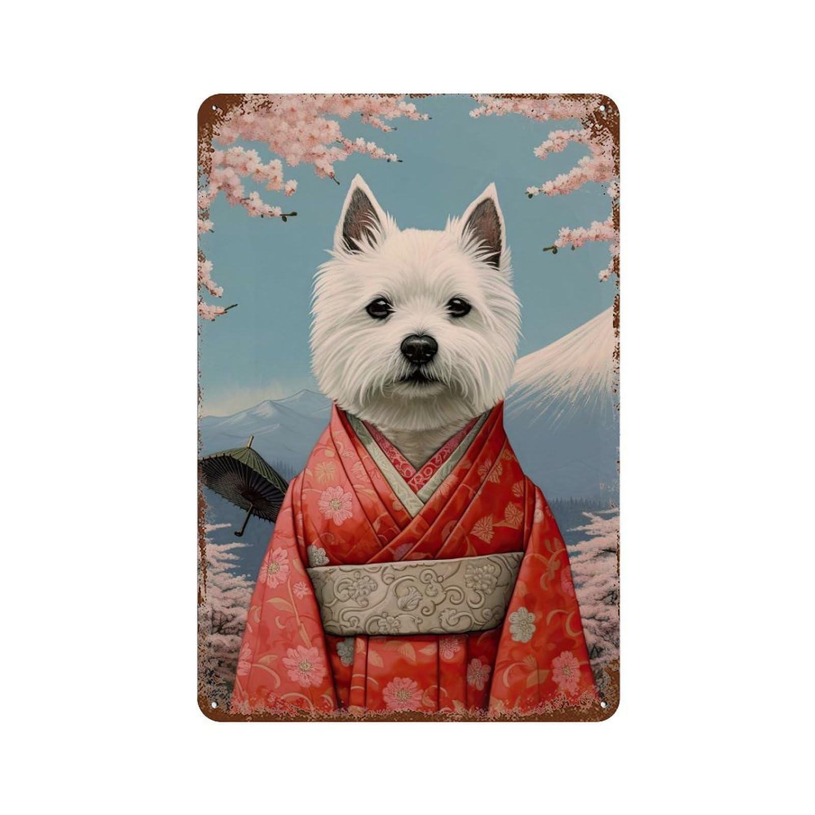 Westie Geisha Rustic Tin Plaque 11.8"x7.9", Rustic Home Decor for Office, Studio And Wall Decor