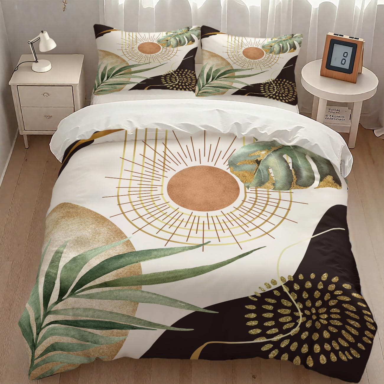 Boho Sunrise Bedding Set,Mid Century Aesthetic Tropical Palm Leaves Abstract Minimalist Comforter Set with Pillowcase for Bedroom Bed Decor,Queen 90"x90"