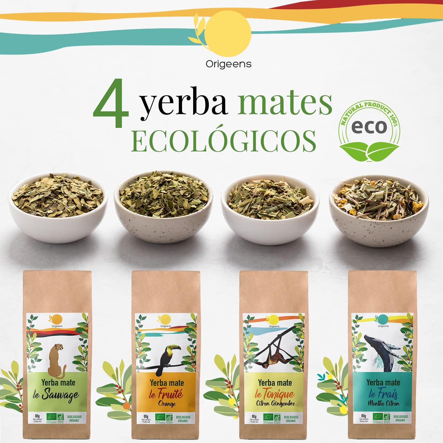 ORIGEENS CAJA MATE ECOLOGICO X 4 | Yerba Mate ecológico 4x80gr | Set mate, idea regalo