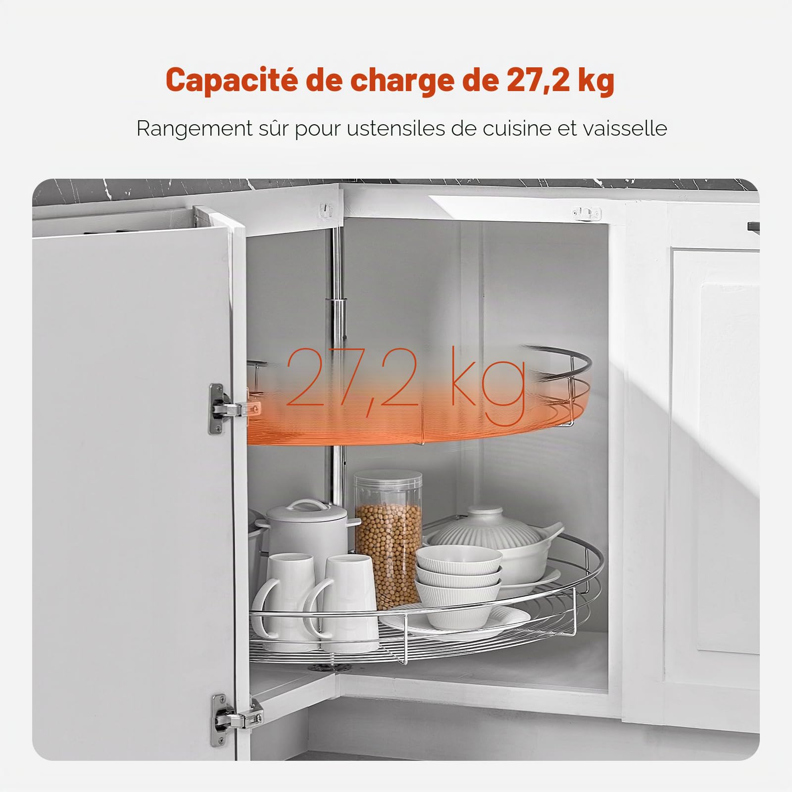 VEVOR Plateau Tournant pour Meuble d'Angle 80 cm 2 Niveaux, Tourniquet de Cuisine Rotatif à 360°, Étagère Pivotante pour Placard d’Angle Réglable en Hauteur, en Acier au Carbone, Rangement Cuisine