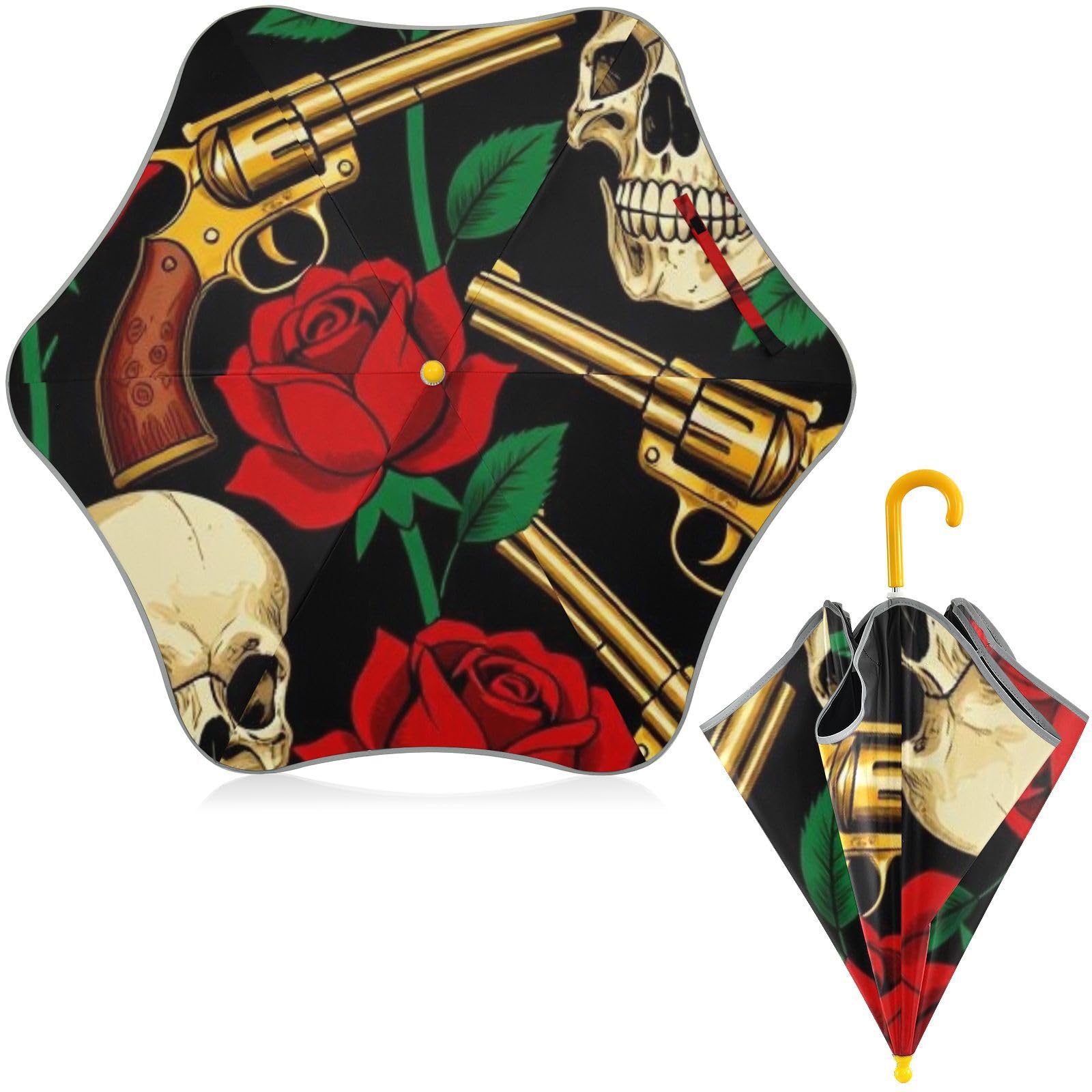 Paraguas infantil reflectante con diseño retro de calaveras y rosas para días de lluvia y sol 8