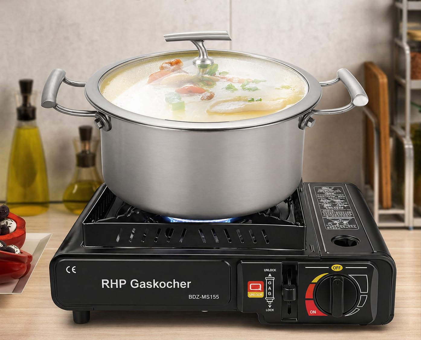 Réchaud à gaz d'extérieur RHP cuisinière de camping I cuisinière à gaz avec 8 cartouches de gaz à baïonnette - avec étui pratique - jusqu'à 30% de consommation de gaz en m