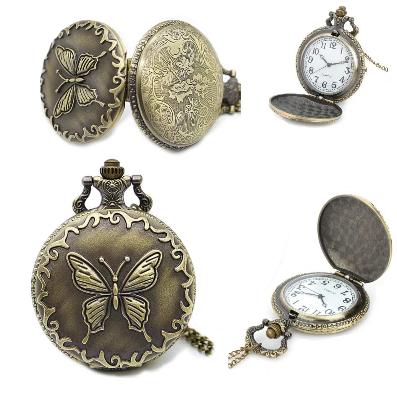 Vintage Retro Classic Antique Butterfly Key Chain Design Unisex Pocket Watch for Men & Woman