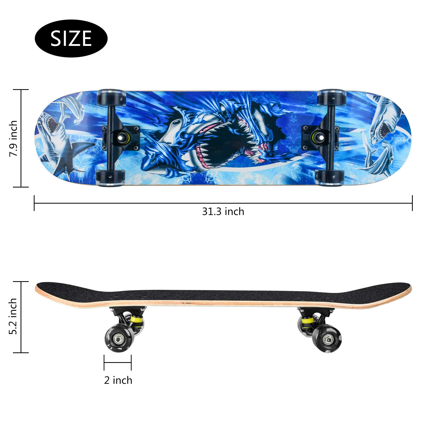 Skateboards für Anfänger, 78,7 x 20,3 cm, komplettes Skateboard für Kinder, Teenager, Erwachsene, 8-lagiges Ahorn-Doppel-Kick-Deck mit konkavem Cruiser-Trick-Skateboard mit Multifunktionsskate
