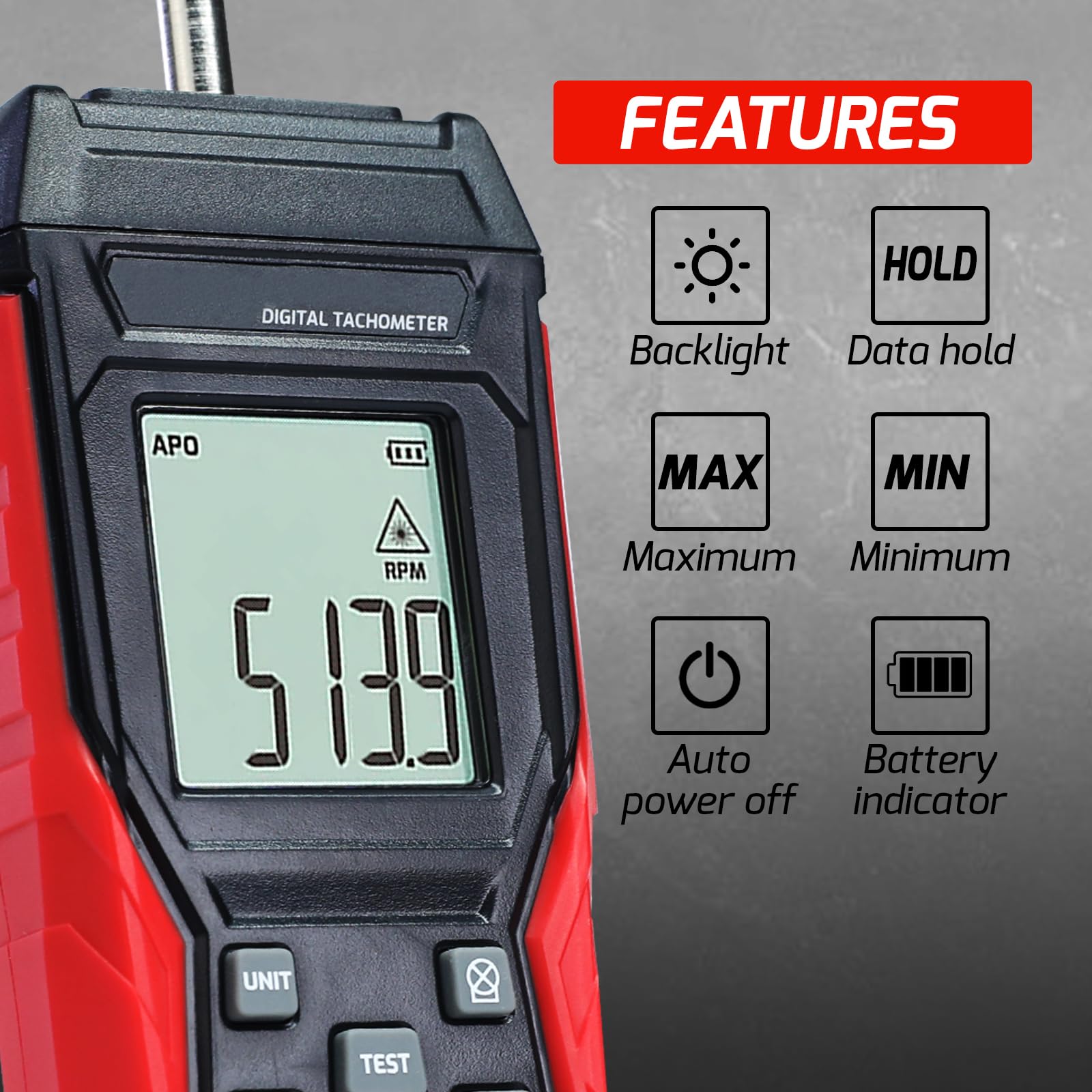 Tachimetro Digitale 2-in-1 con Sensore Laser a Non Contatto (3~99999 RPM) e Modalità a Contatto (3~19999 RPM) - Misuratore di Giri Professionale con Funzioni MAX/MIN/HOLD, Portatile per Motori Auto