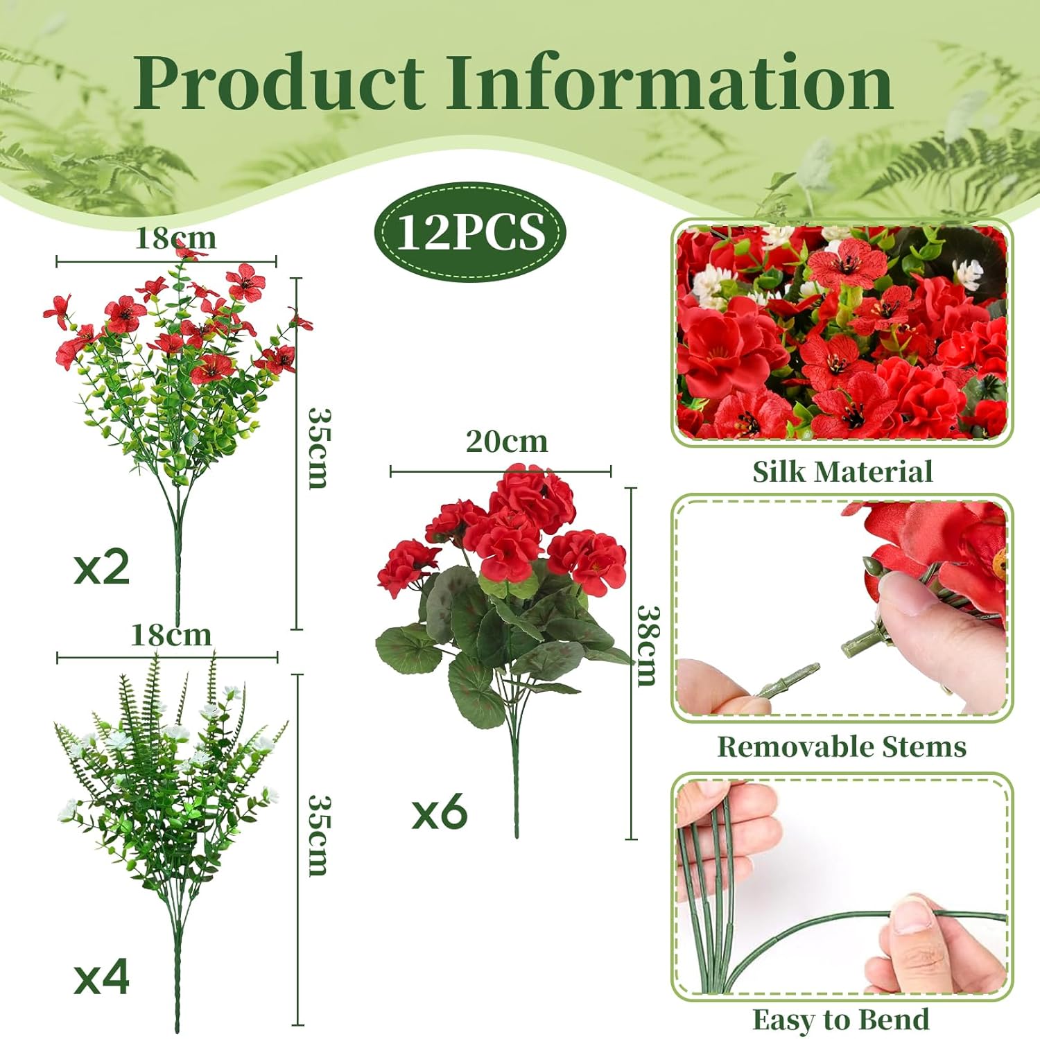 12 Bundles Artificial Geraniums Flowers for Outdoors Decoration UV Resistant Fake Geranium Silk Flower Realistic Faux Plants for Garden Porch Patio Planter Front Door Home Decor (Mix Red)