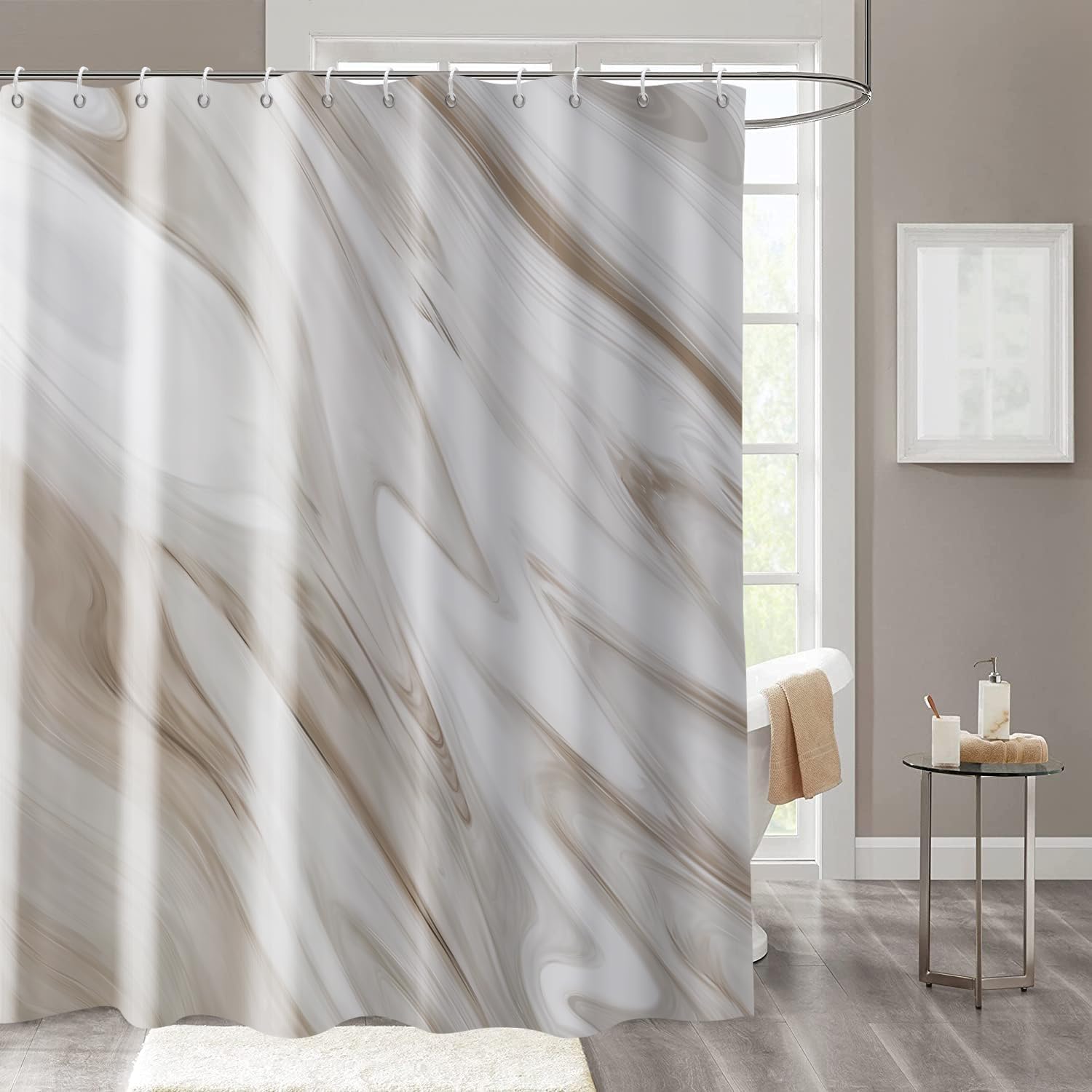 GCIREC Brown Marble Shower Curtain, 180x240cm, Grey Brown Modern Abstract Wave Luxury Bathroom Curtain Bathtub Home Decor Waterproof Fabric Machine Washable with Hooks