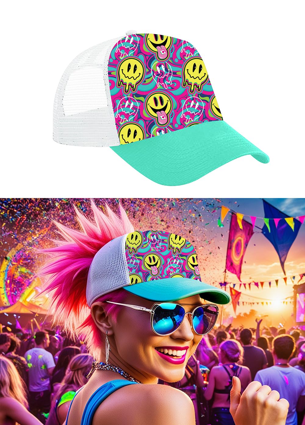 FIESTAS GUIRCA | Multicolour Psychedelic Acid Cap (One Size) - Fancy Dress Accessory for 80s Parties and Retro Celebrations - Ideal for Carnival and Halloween - Unisex - Multicolour