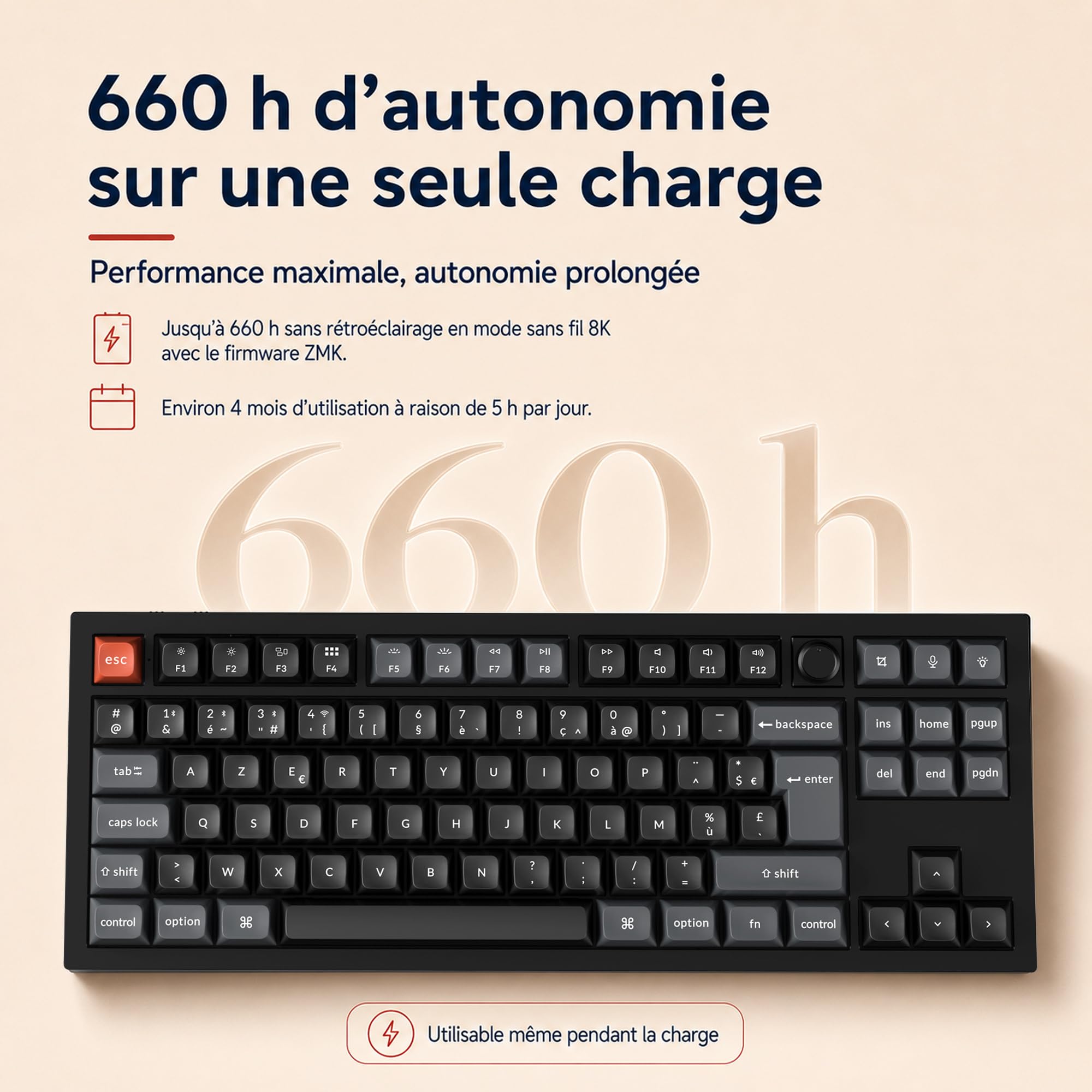 Keychron V3 Ultra 8K Clavier Mécanique sans Fil 80% Compact, 2.4GHz/Bluetooth 5.3/USB-C, Touches PBT OSA, RGB Personnalisable, Switches Rouges Pom Hot-Swap pour Mac/Windows/Linux (Disposition AZERTY)