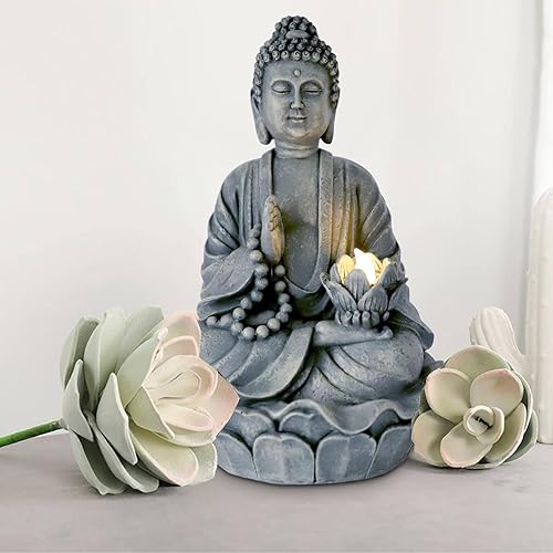 Miniatura 5 de Figura de estatua de Buda meditadora de aspecto bronce antiguo, escultura sentada, soporte de vela de 8 pulgadas con vela LED parpadeante para el