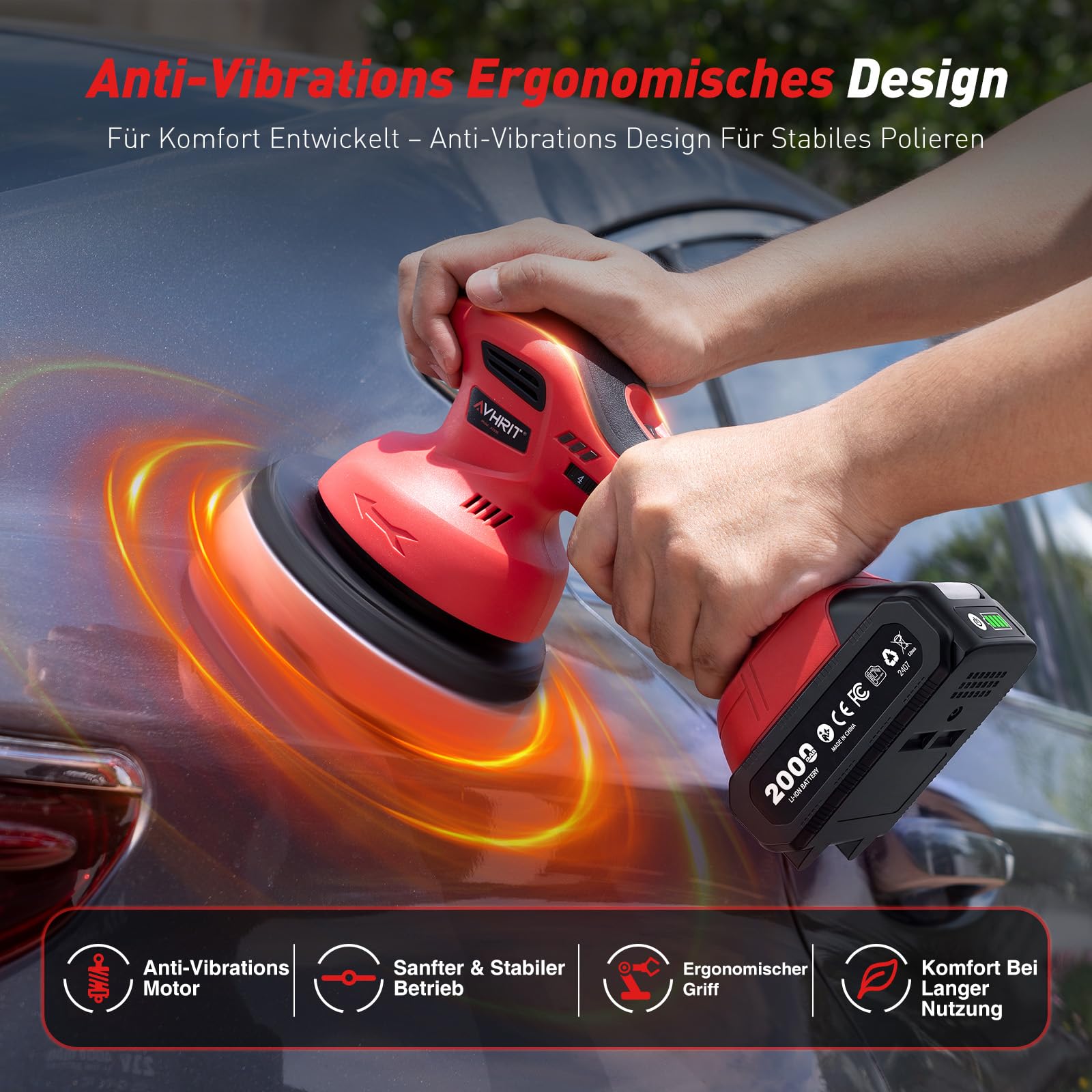 Cordless Buffer Poliermaschine Auto Akku, 2x2000mAh Batterie (Bis zu 6000 U/min) Poliermaschine Auto, 6'' Autopolierer, 8 mm Exzenter-Poliermaschine für Auto-und Bootspflege, Polieren Wachsen