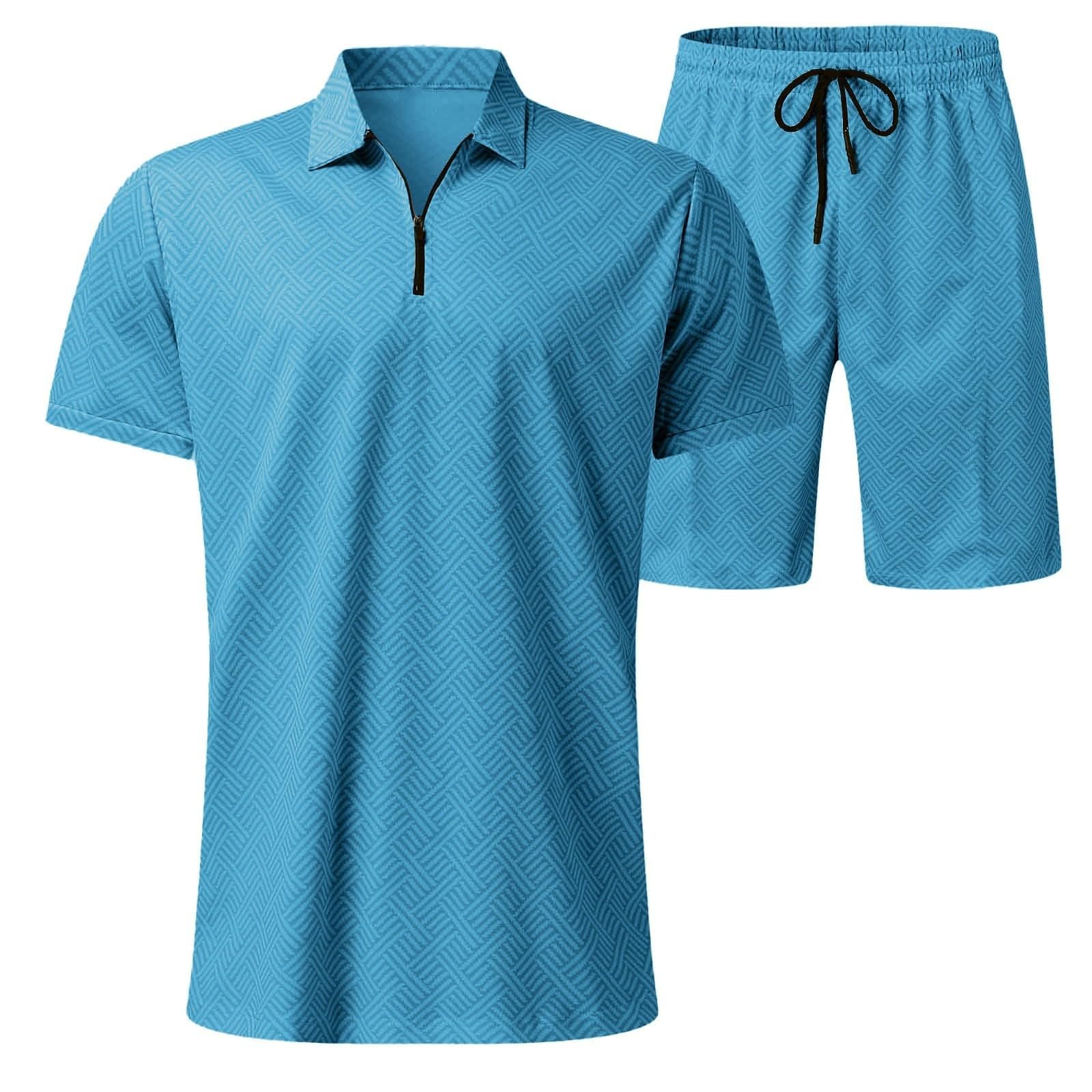 Tuta Uomo Estiva Sportiva Maniche Corte Cerniera T-Shirt e Pantaloncini Estiva 2 Pezzi Set Completo Completa Cotone Leggero Tute Due Maglietta e Complete