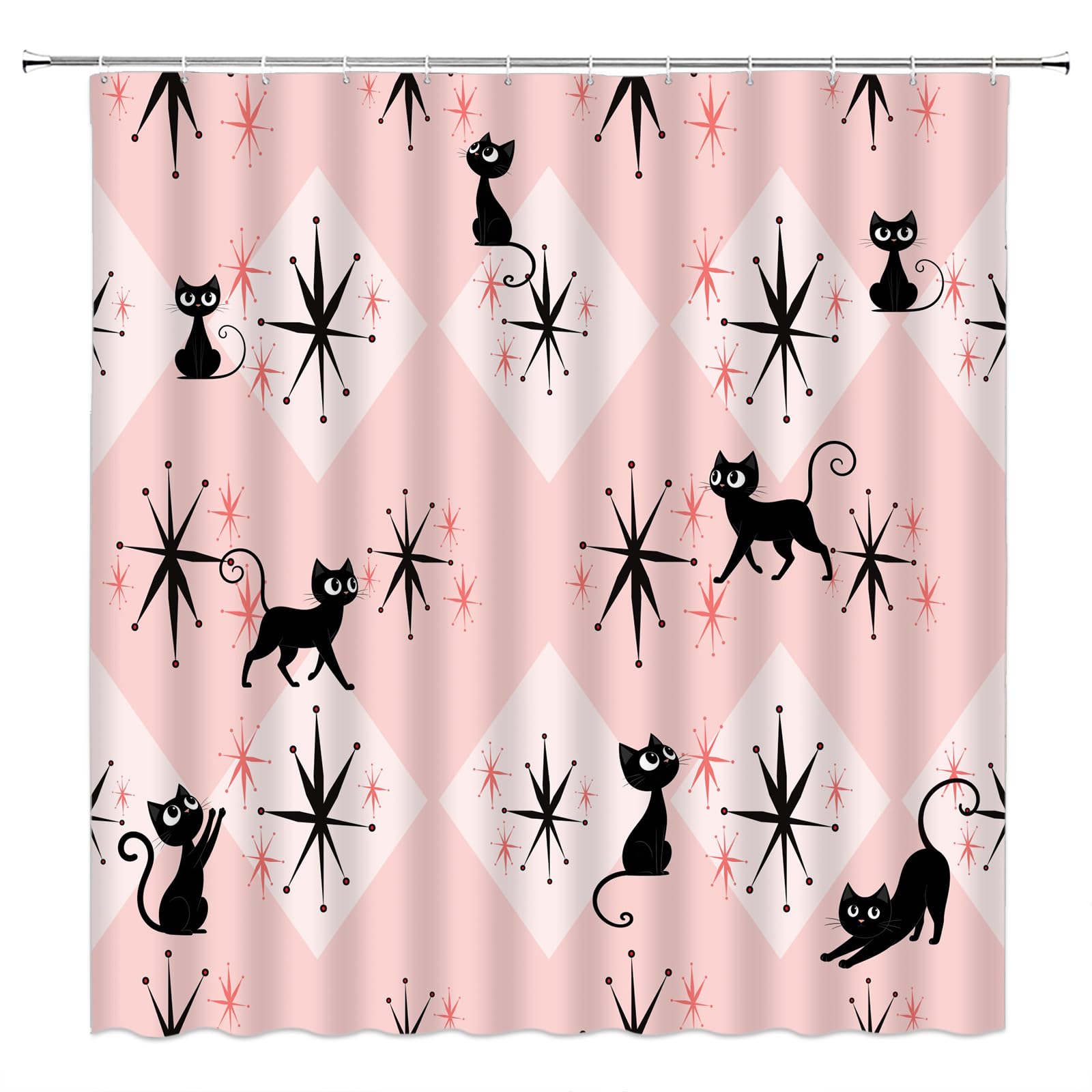 JIRGIXA Mid Century Atomic Black Cat Shower Curtain Pink Starbursts Abstract Geometric Minimalist Funny Boho 1950s 60s 70s Fabric Bathroom Decor Curtain Sets with Hooks