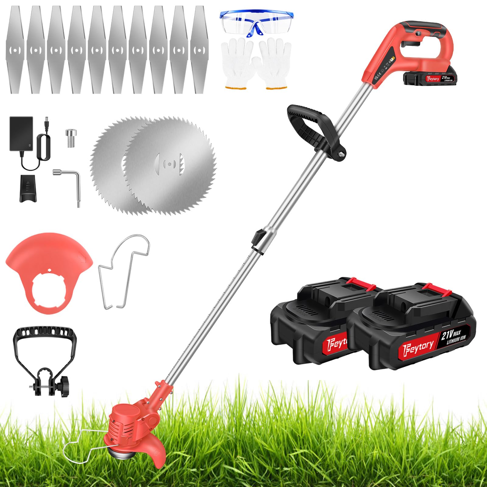 Tagliaerba a Batteria - Tagliaerba Elettrico per Aiuole e Prati - 2 Batteria da 21 V 1,5 Ah, 10000 Giri/min, Manico Telescopico Allungabile, 12 Lame, Testa Girevole/Orientabile, Rosso