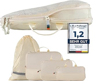 Packwürfel Set mit Kompression aus recycelten Plastikflaschen, Leichte Packing Cubes, Packtaschen Set für Rucksack und als Koffer Organizer, Zubehör (Sand Beige, 4-teiliges Set)