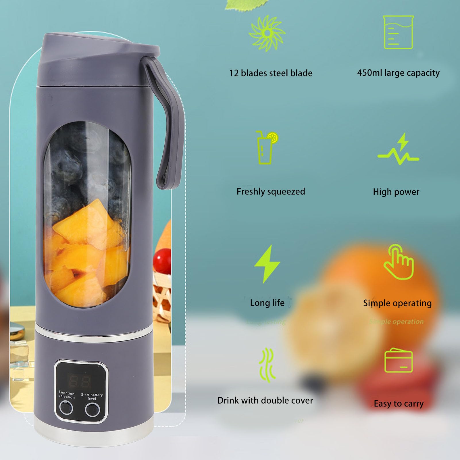 Portable Blender, Portable Juicer Cup Quiet Mini Travel Blender with Stainless Steel Blade Rechargeable 450ml Blender Cup for Home, Dishwasher Parts