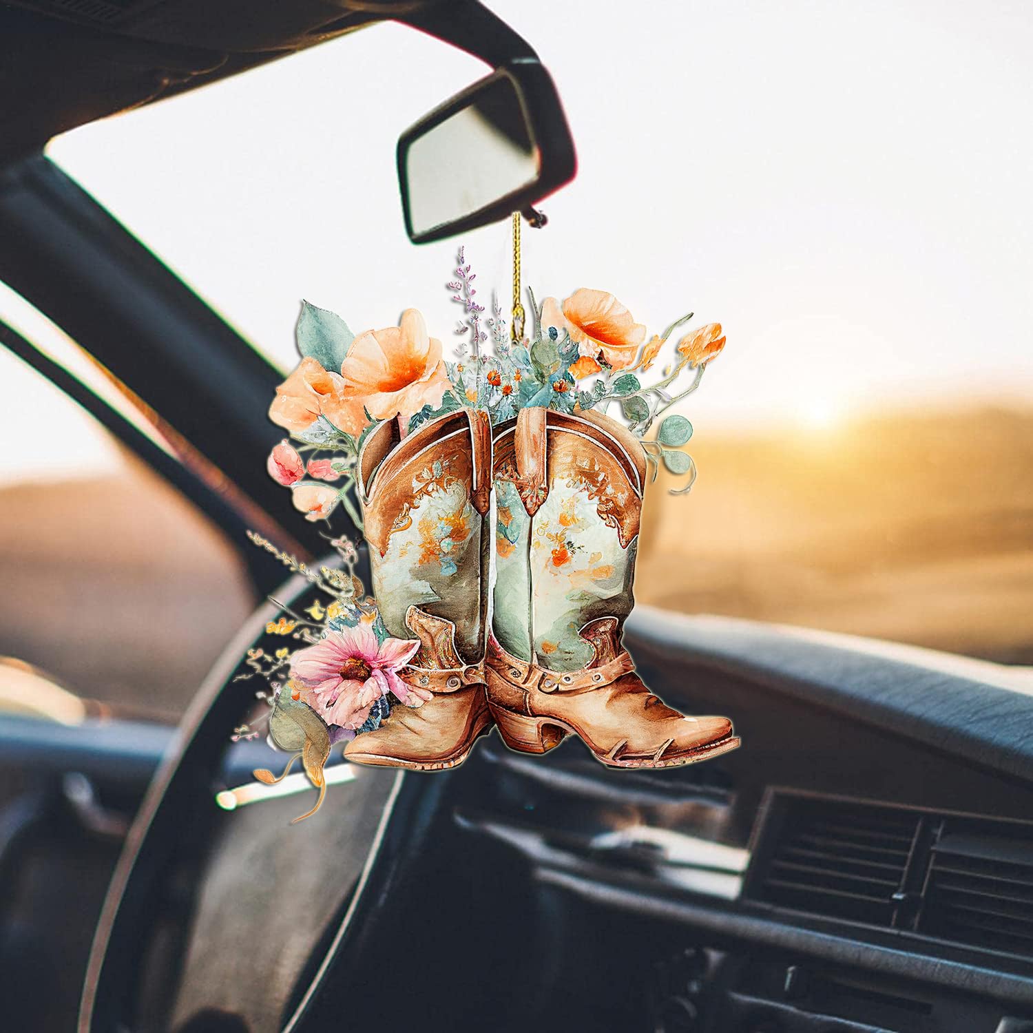 Cowboy Boots & Hats Car Mirror Pendant - Acrylic Western Decor For Rear View Mirror