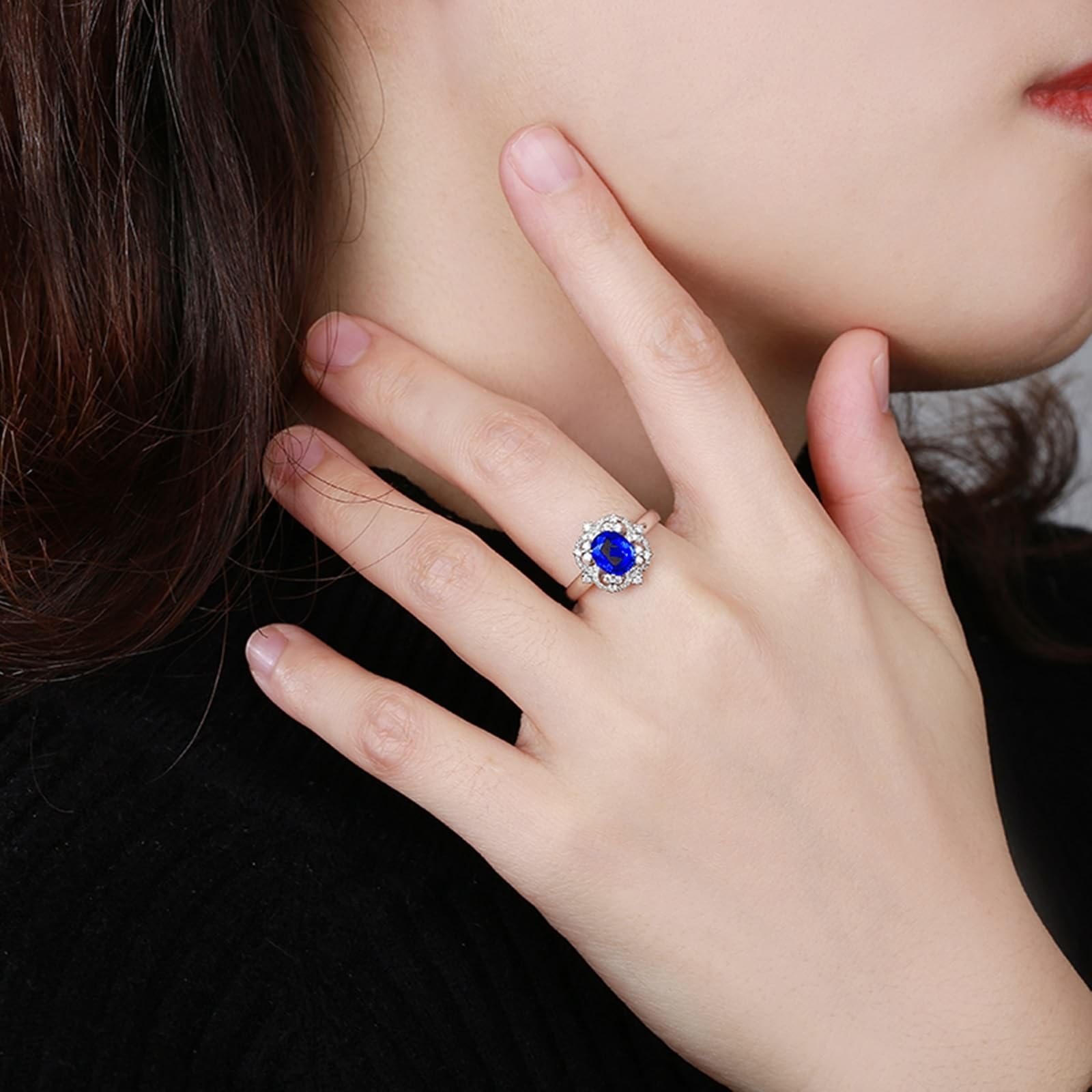 Anello celebrità in oro bianco 18 carati blu zaffiro ovale, fedi nuziali ovali a forma di fiore con zaffiro da 1,26 carati e diamanti anelli da donna misura 14 (17,2), 14 (17,2), metallo prezioso,