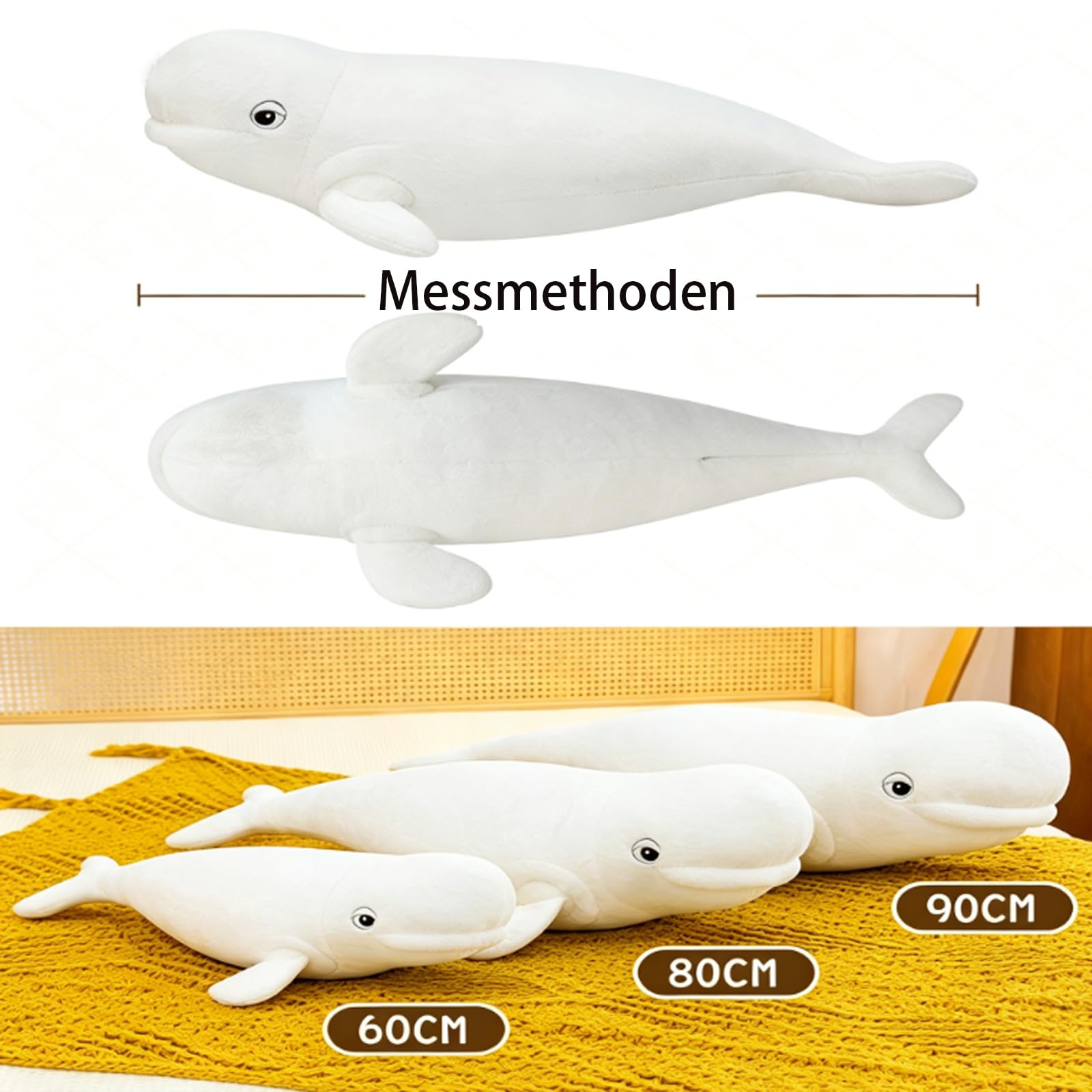 Wal Kuscheltier, 60/80/90cm Weiß-Wal Plüschtier, Stofftier Plüsch Tier, Geschenk für Jungen Mädchen Erwachsene (90CM)