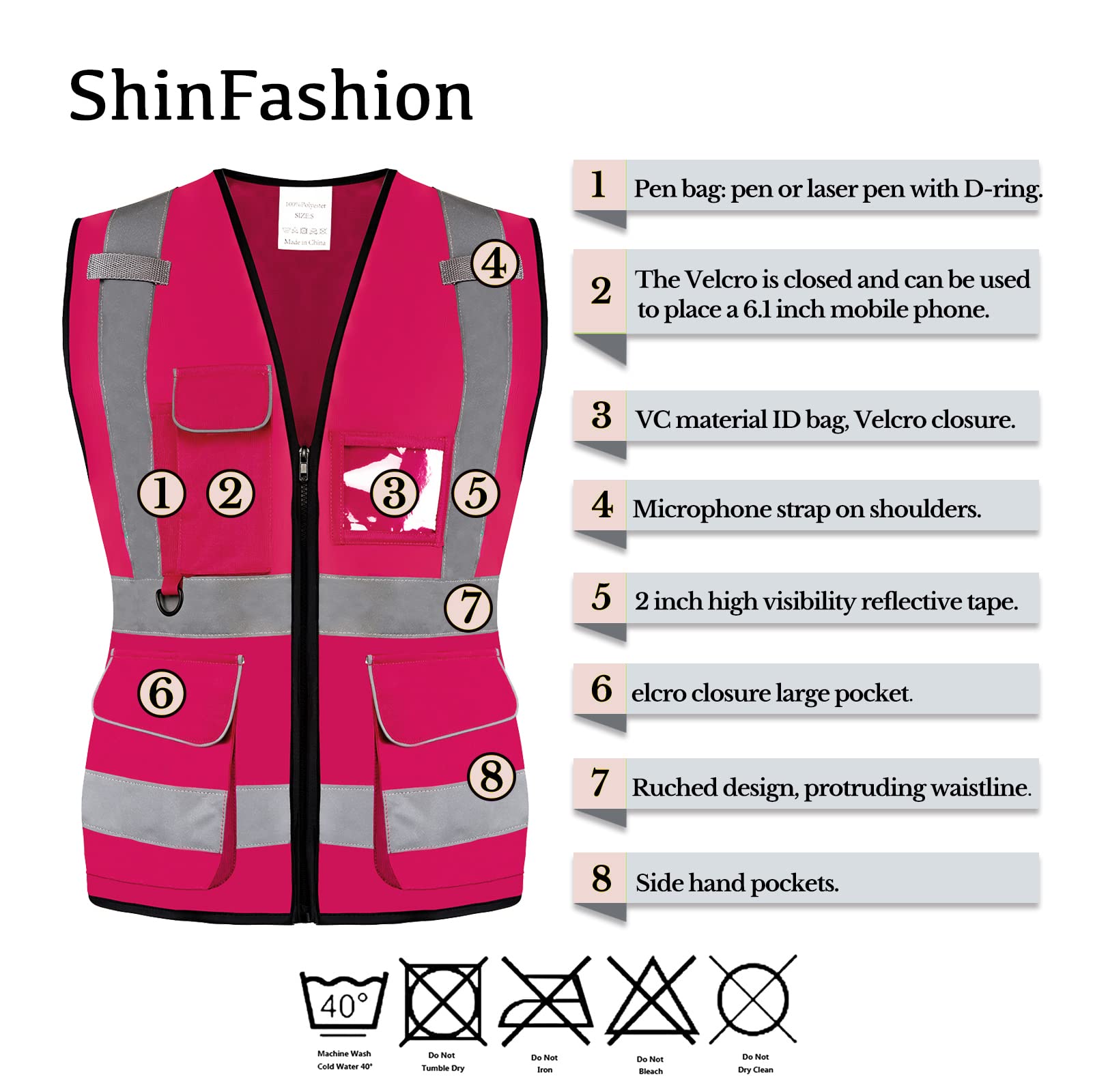 Shin Fashion 7 Pockets Class 2 Women's Hi Vis Reflective Safety Vest Executive Waistcoat, Meets ANSI/ISEA Standard Rose Red, L - Image 4