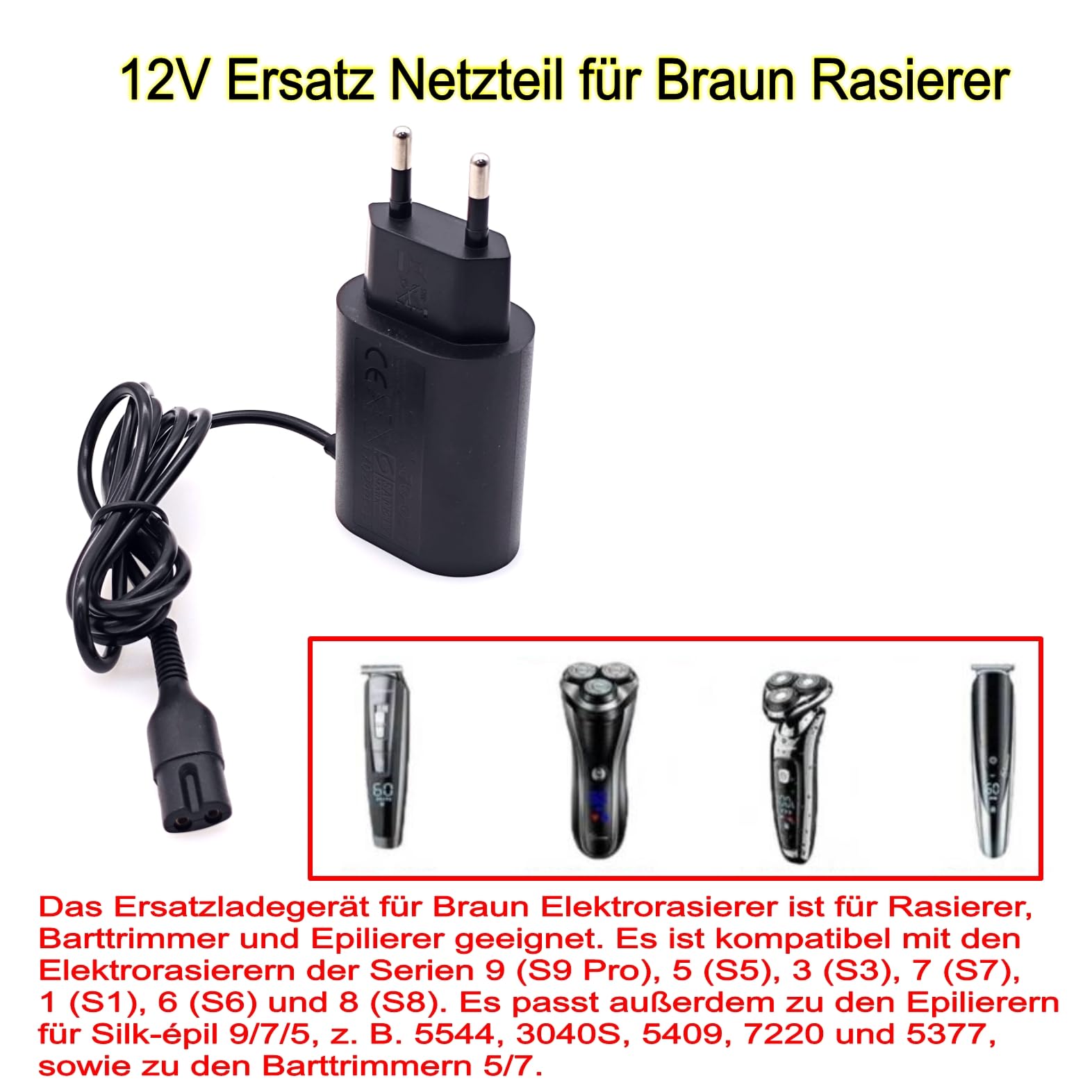JZK Caricabatterie adattatore ricambio 12 V per Braun rasoio, adattatore alimentazione 1 m per Braun serie 1 3 5 7 9, rifinitore ed epilatore, caricabatterie parete per rasoio elettrico