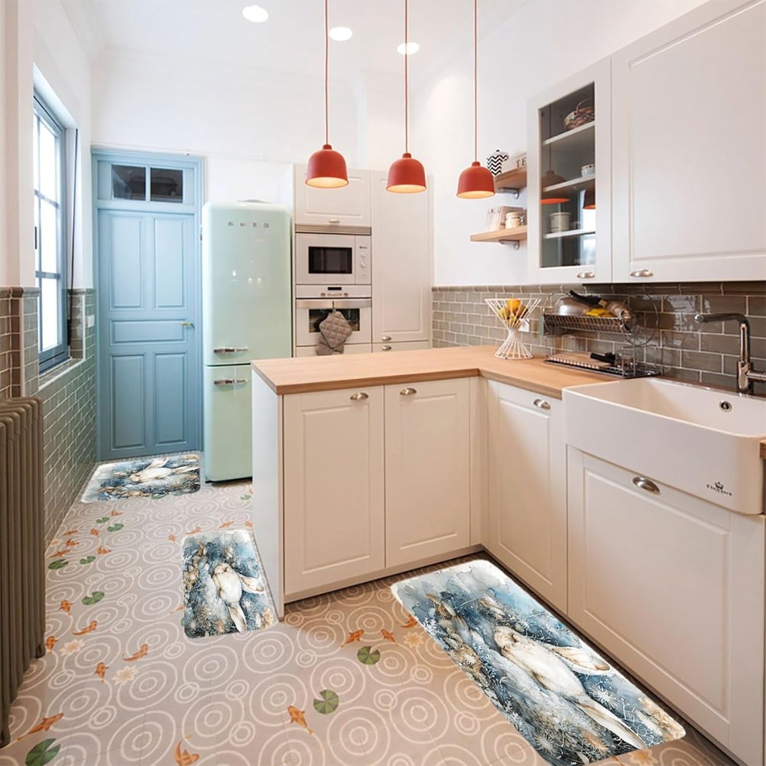 A Sleeping Rabbit Kitchen Mats Soft Absorbent Rugs for Floor Non Slip Washable Kitchen Mats Fashion Rectangular Rugs for Three-Piece Set for Laundry Office Home Sink