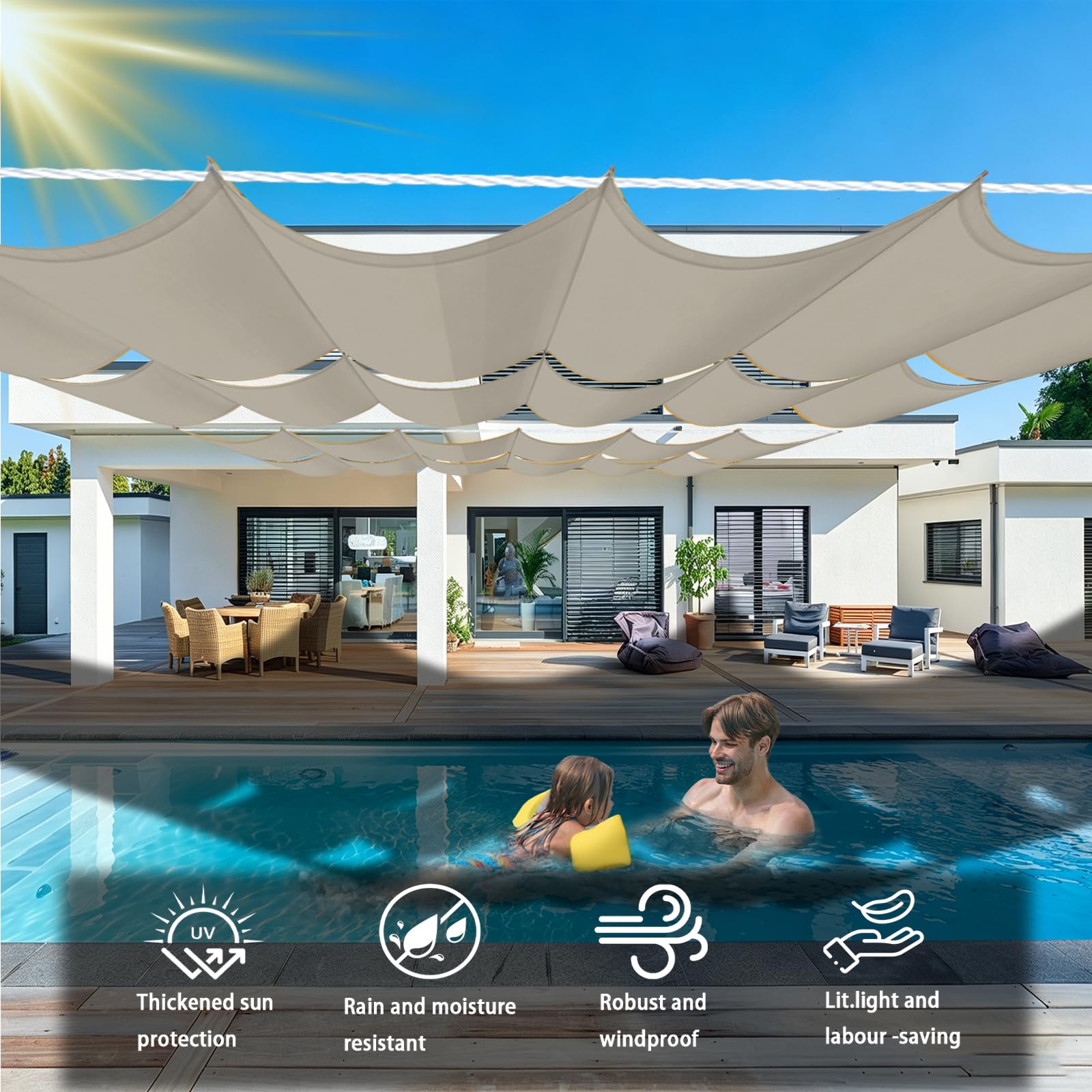 Toldo Retráctil 3 x 12 m Impermeable, 98% Rayos UV Resistente Al Desgarro, Toldo con Protección Solar, Vela Parasol, con Ojales y Cuerdas para Jardín, Pergola, Caqui