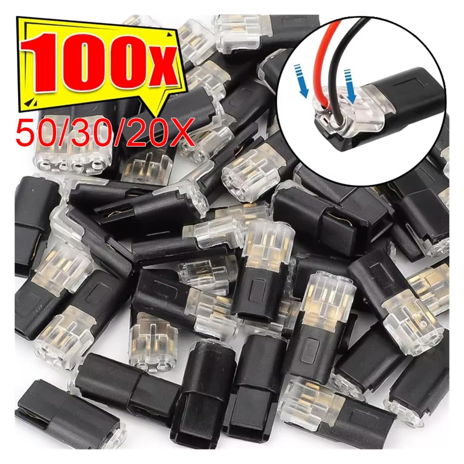 Lot de 100 connecteurs enfichables à double fil avec boucle de verrouillage, bloc de terminal rapide étanche à 2 voies pour câblage de voiture, pinces de câble 18-22 AWG pour automobile, moto, marine