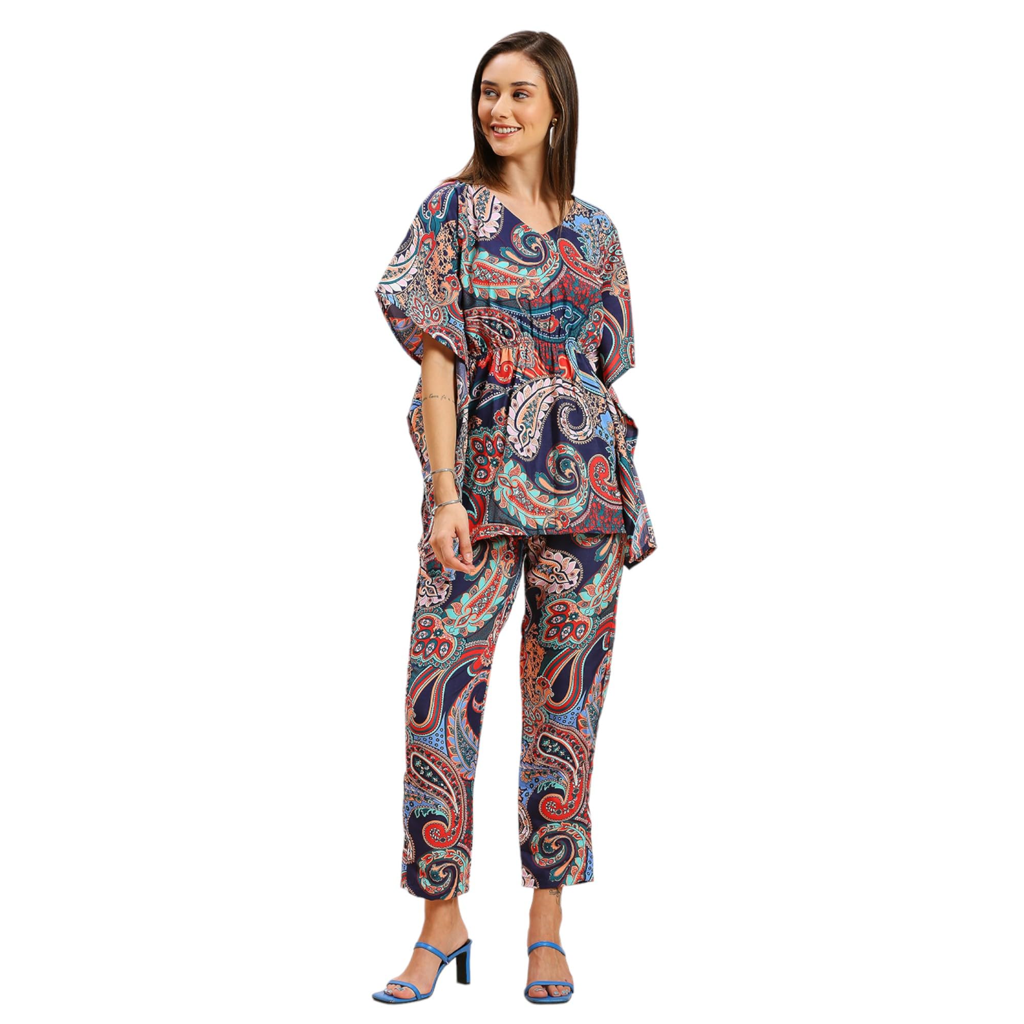 Gufrina Women's Rayon Co-Ord Set With V Neck Kimono Sleeves Straight Leg Pant Paisley Printed Regular Fit And Standard Length