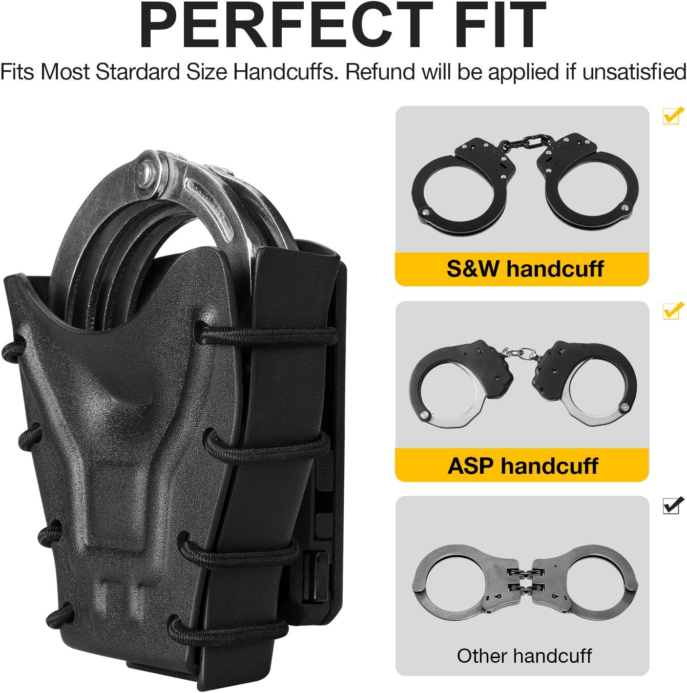 Handcuff Case Compatible with ASP, Chain, Hinged, and Rigid Folding Handcuffs – OWB Kydex Cuff Holder with Belt Clip or MOLLE Mount – Fits 1.5"-2.25" Belts – Black/Basketweave Options