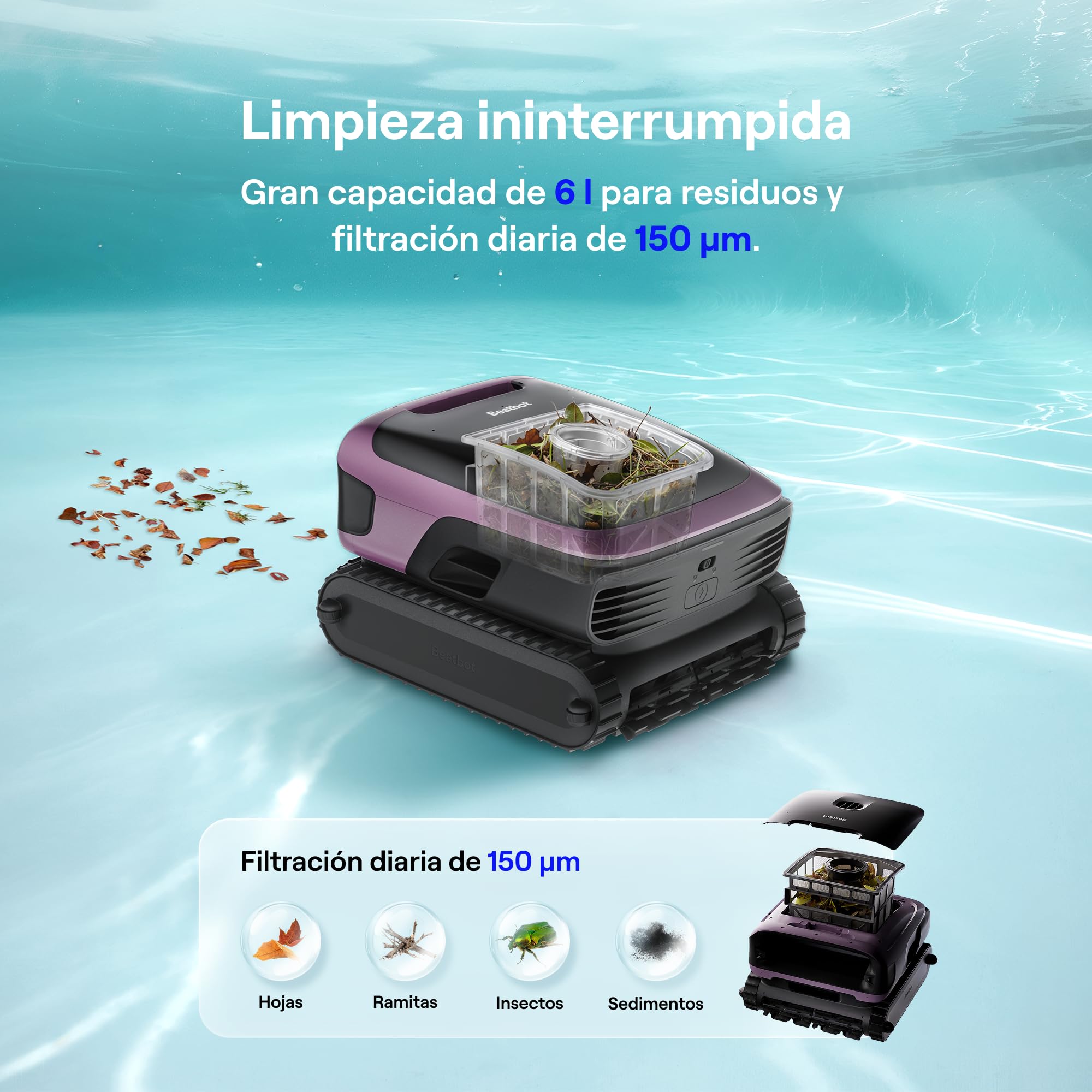 Beatbot Sora 70 Robot Piscina limpiafondos y Paredes, Glicina | Paredes, Plataformas y línea flotación,superficie,Aparcamiento en Superficie,App,para Piscinas elevadas y enterradas