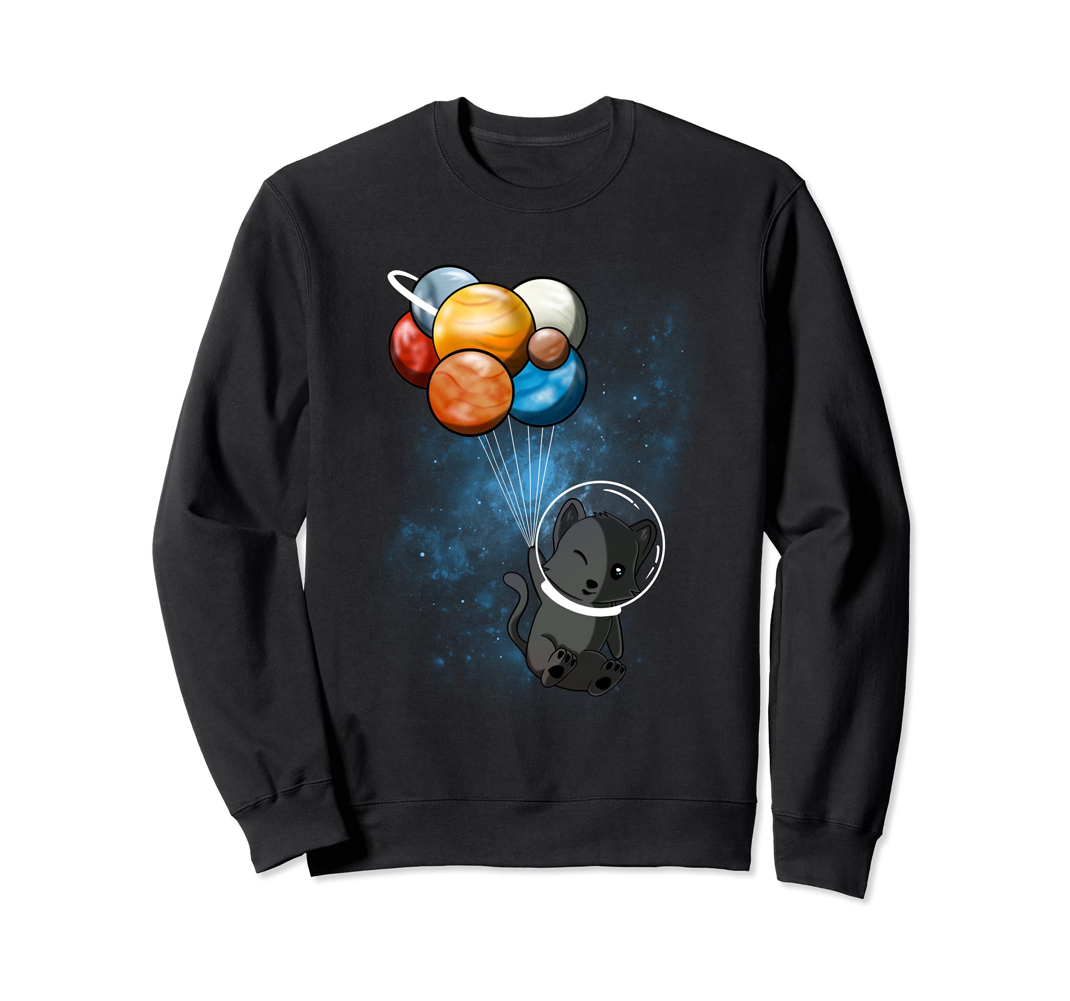 Funny Outer Space Cat Balloon Planets Space Travel Universe Sweatshirt, Black