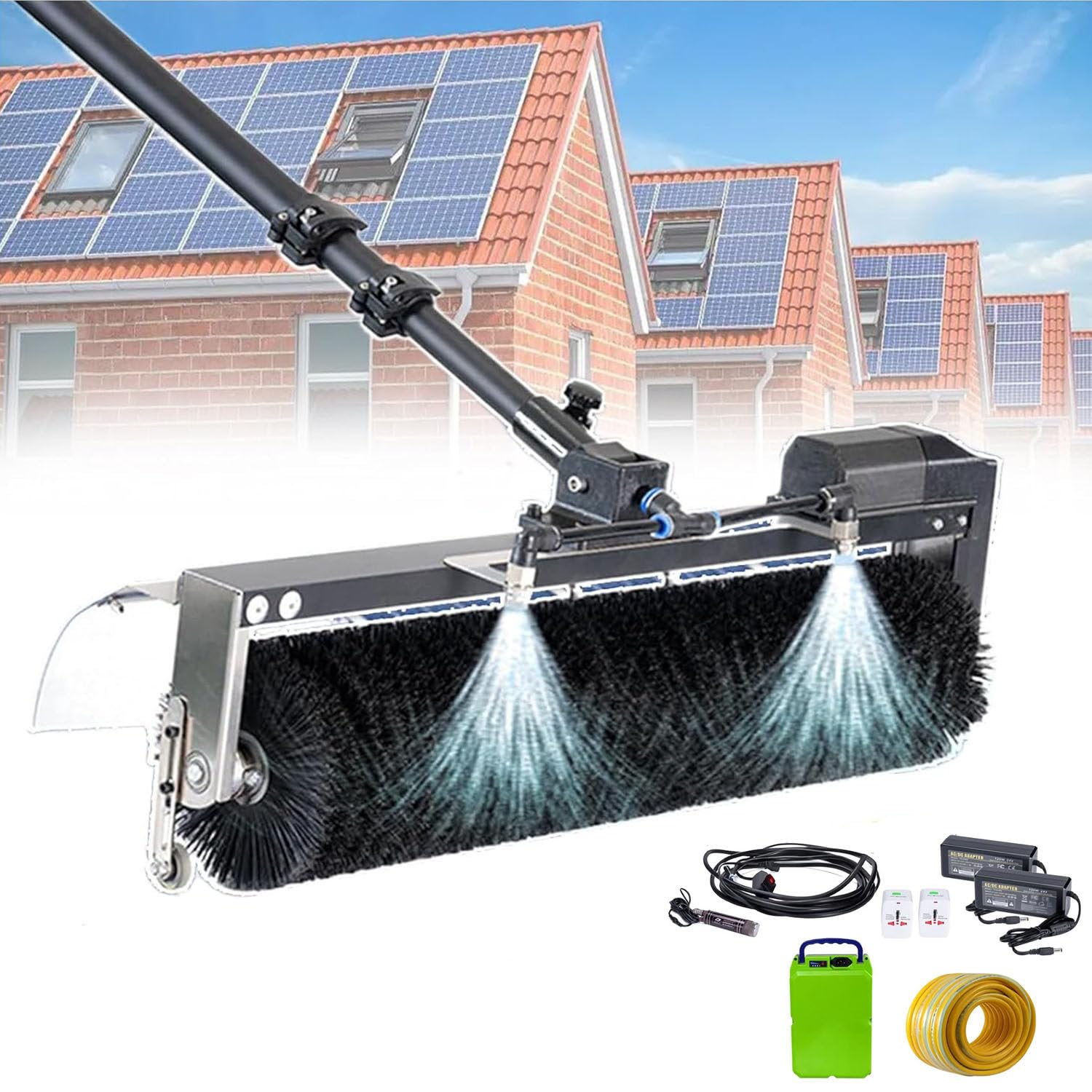 IUokLU Solar Panel Cleaning Brush Kit with Adjustable Pole and Power Converter for Automatic Cleaning(7.5m)
